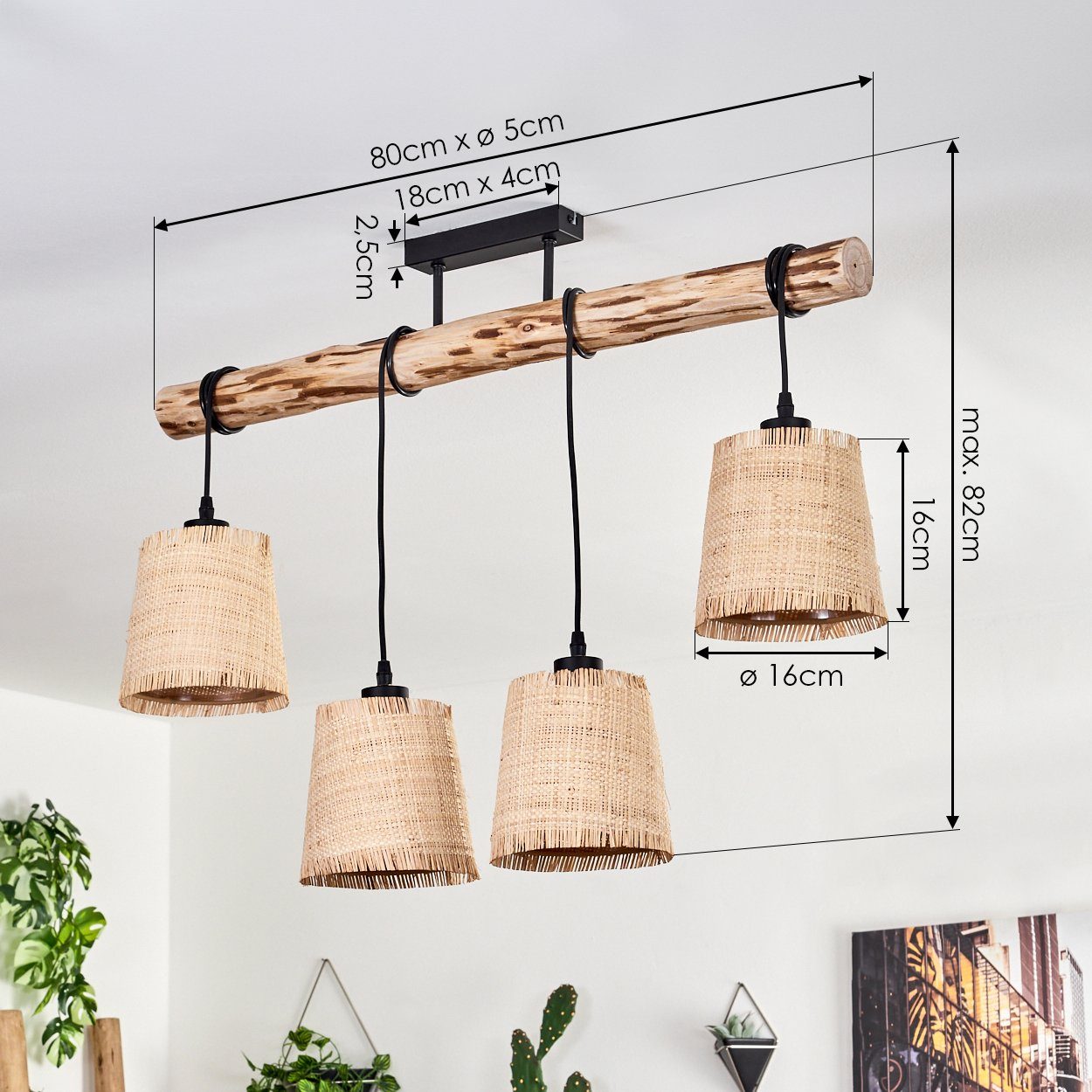 hofstein Deckenleuchte moderne Deckenlampe aus Holz/Metall/Bast in Natur/Schwarz/Beige, ohne Leuchtmittel, Deckenleuchte im skandinavischen Design, 4x E27, ohne Leuchtmittel
