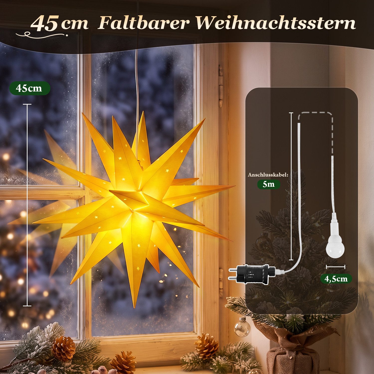 Salcar LED Dekolicht 45/60/75cm 3D Stern Beleuchtet LED Stern Weihnachtsdekoration Fenster – Bild 3 von 5