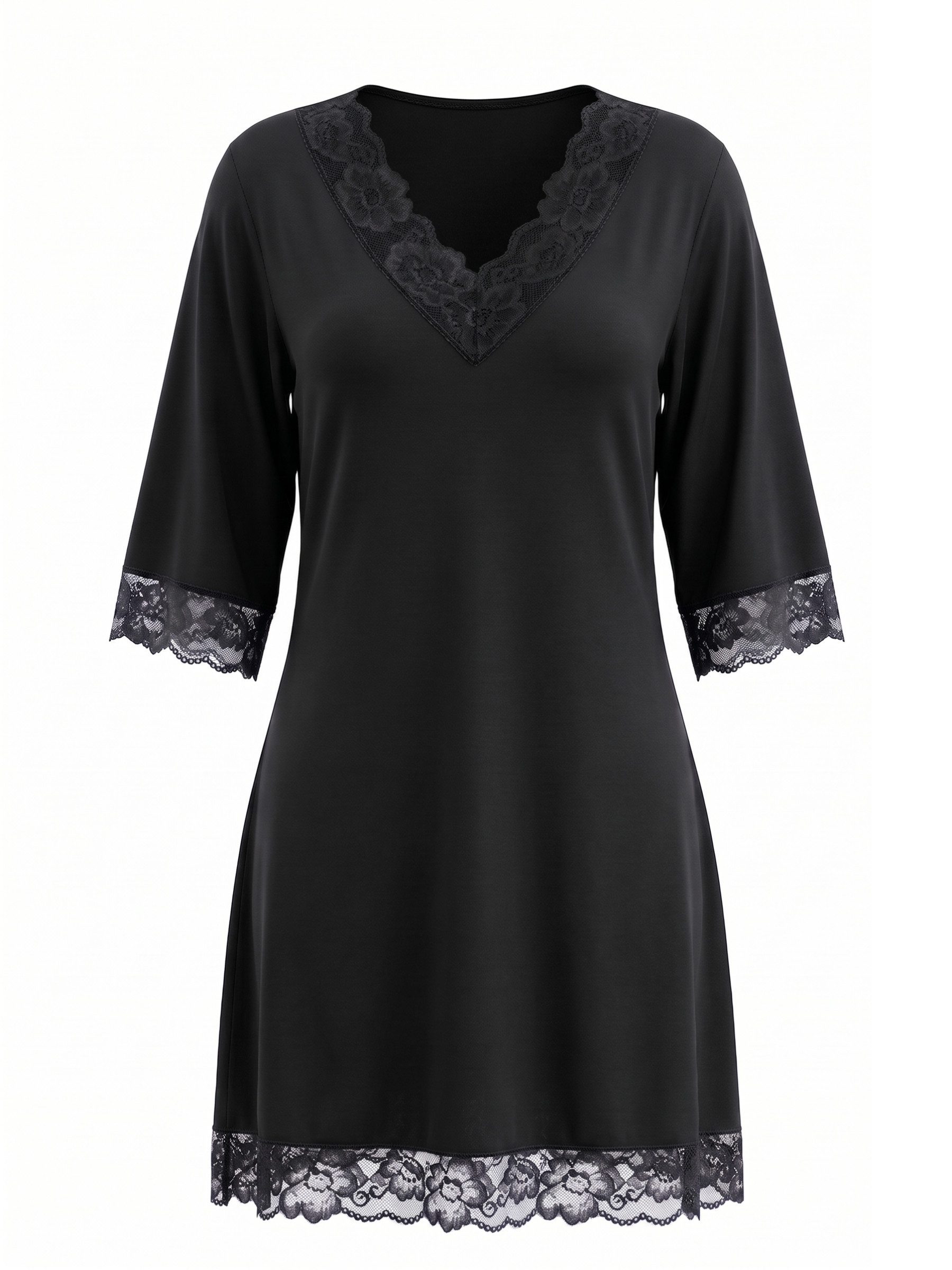 Elegant Love Nachthemd Homewear-Kleid für Damen – mit zarter Spitze & V-Ausschnitt Sleepshirt mit 3/4-Arm – Bequemes Lounge- & Nachtkleid
