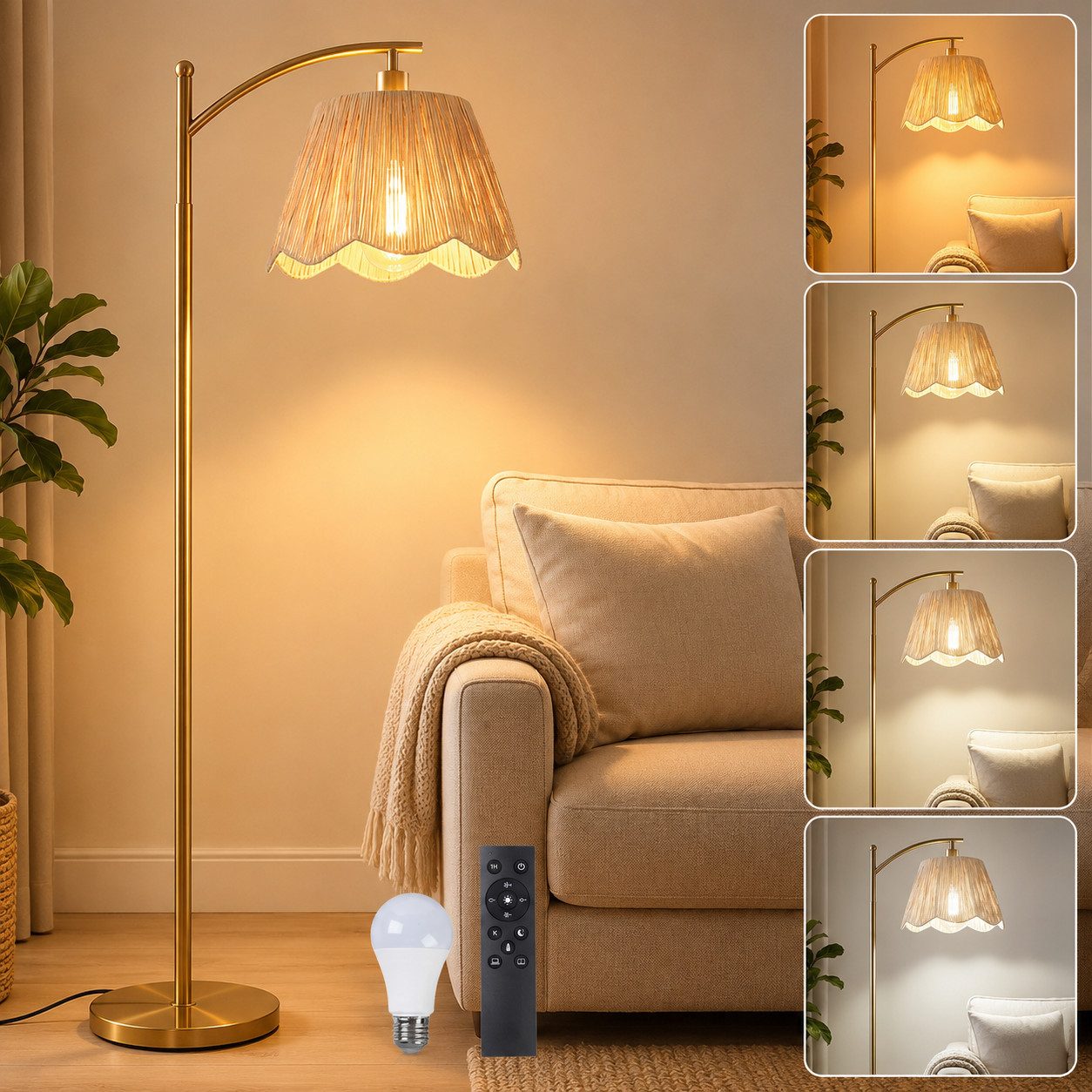 Rosnek Stehlampe Boho Gold, Rattan-Schirm, dimmbare LED, Fernbedienung, 4 Lichtfarben, LED wechselbar, 170 cm Metalllampe, 12 W, für Wohnzimmer, Büro & Leseecke