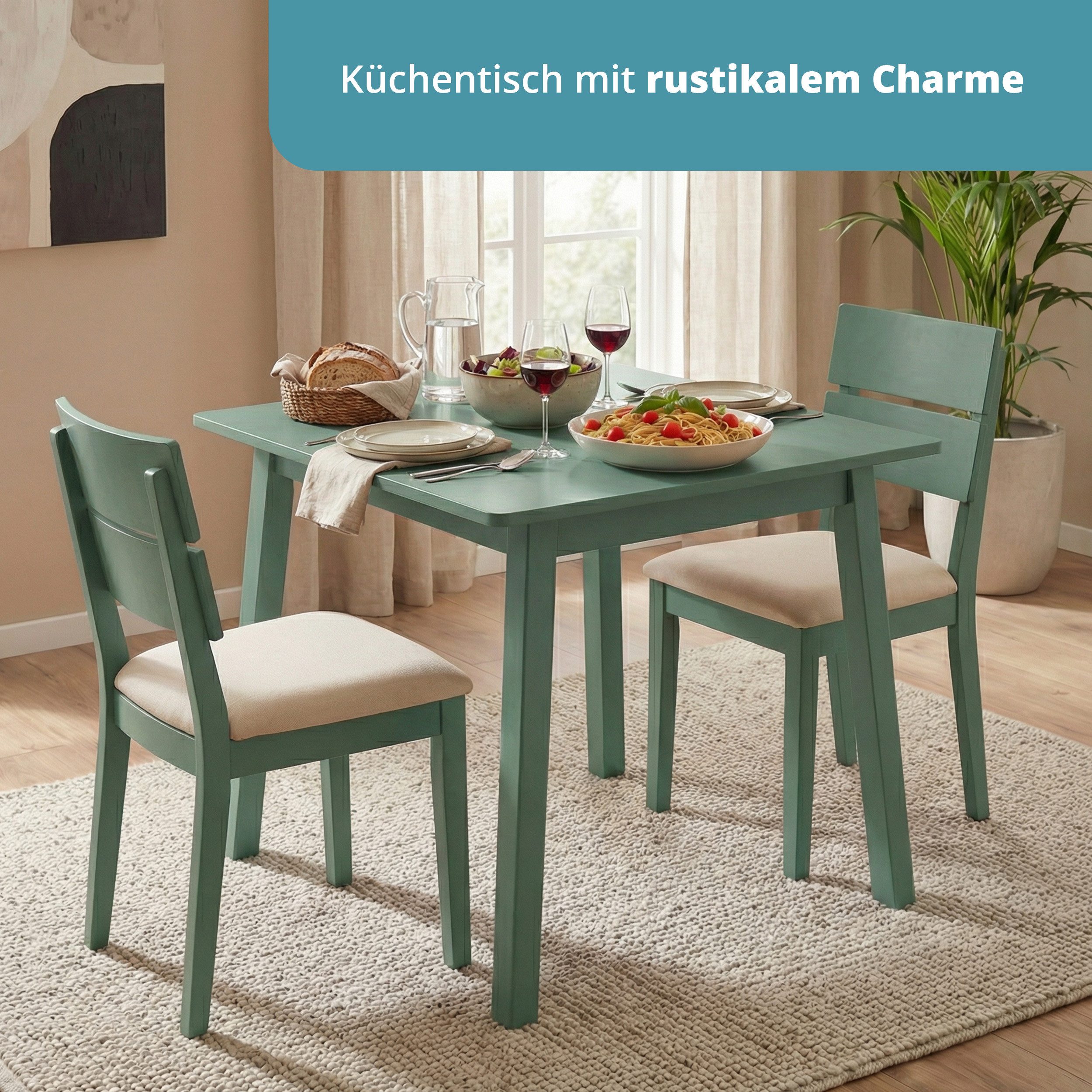 KHG Esstisch Bürotisch Grün für 2-4 Personen, Skandi Look, bis 100 kg belastbar, lackiert, pflegeleicht, Massivholzgestell – Bild 5 von 5