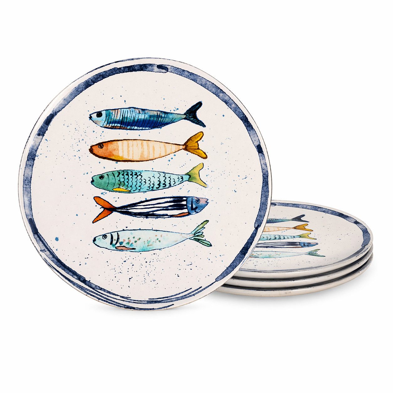 WestCraft Speiseteller Teller, mediterran mit Sardinen-Motiv, Maritime Speiseteller 26 cm, (4 St), 4er Set, hochwertig und robust - langlebig und vielseitig einsetzbar