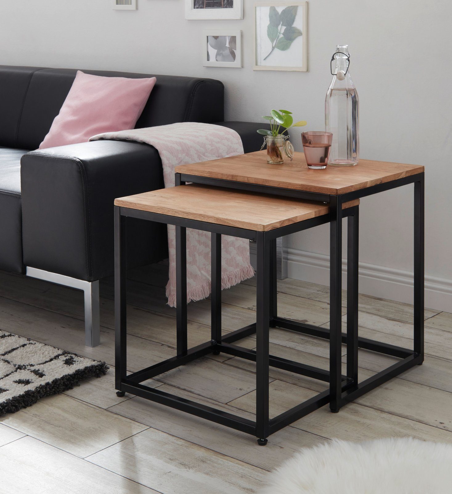 MCA furniture Couchtisch Sakura (Beistelltisch Metallgestell 2er Set, massiv, schwarz), Asteiche geölt