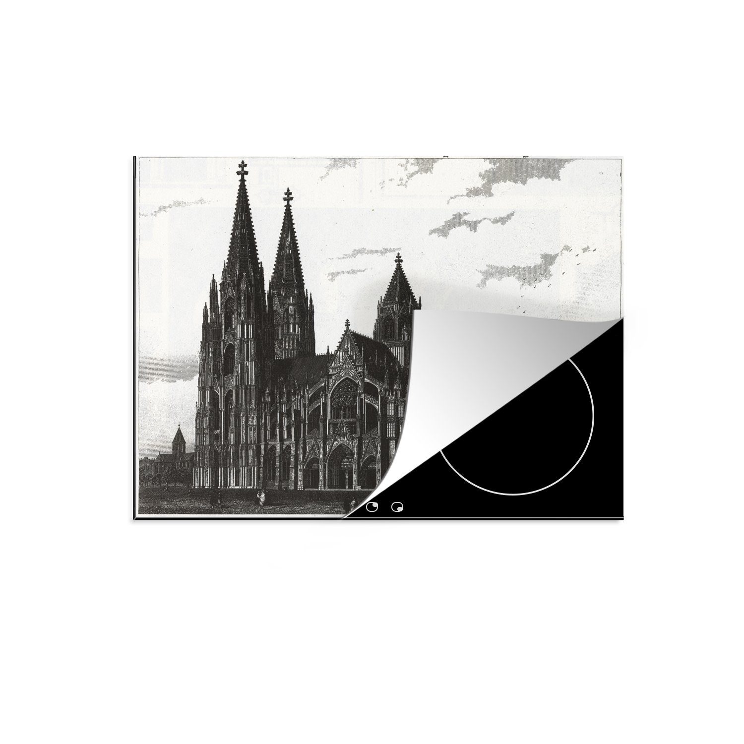 Ceranfeldabdeckung cm, 60x52 bewölkten Vinyl, mit (1 Kölner Mobile Illustration Doms einem MuchoWow Arbeitsfläche Eine Himmel, nutzbar, Herdblende-/Abdeckplatte tlg), des