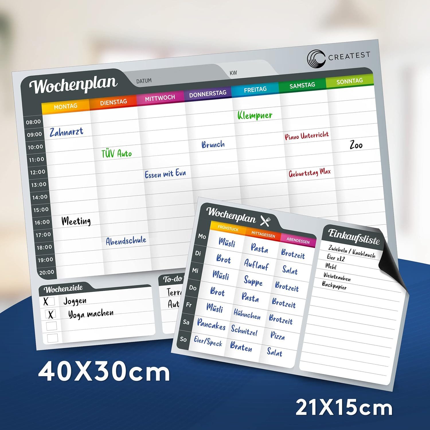CREATEST Magnettafel Magnetischer Wochenplaner 40x30 cm inkl. 4 Stifte & Schwamm, Abwischbares Magnetboard mit Speiseplan für Kühlschrank & Familie – Bild 5 von 5