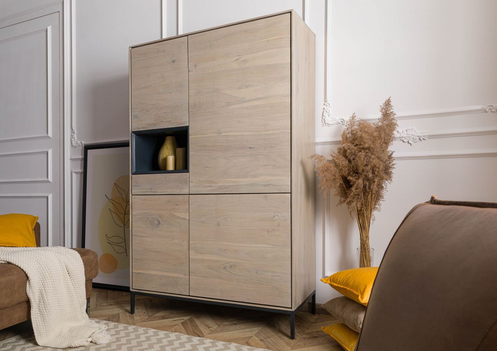Massivmoebel24 Highboard CHICAGO (Massivholz), Highboard Akazie 111x45x175 grau-weiß geölt CHICAGO #09