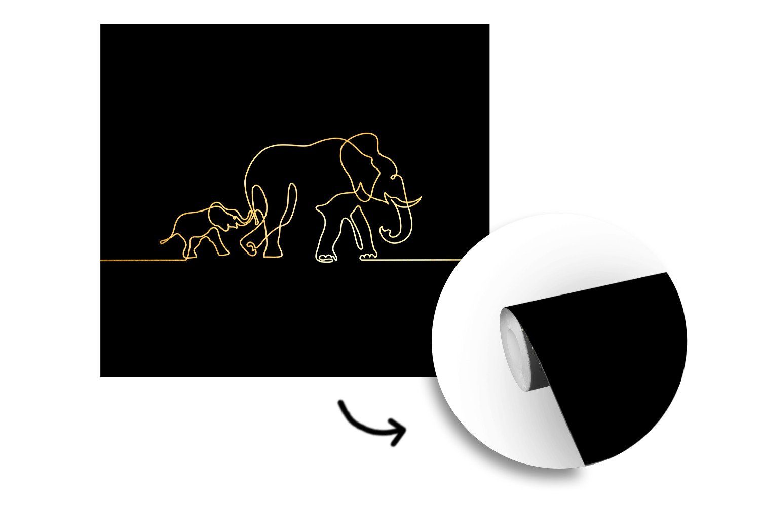 St), Wohnzimmer Fototapete Matt, - (5 Schwarz - Einfach, Tapete Gold Elefant Wandtapete MuchoWow für bedruckt, Vinyl - oder Schlafzimmer,