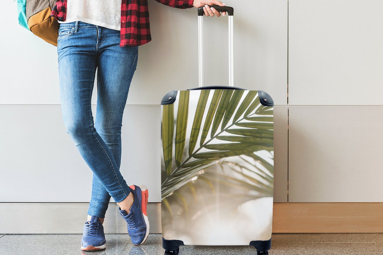 mit Sonne 4 Palmenblatt Trolley, - Rollen, Reisekoffer Handgepäck Ferien, Sommer, rollen, Palme Reisetasche MuchoWow für Handgepäckkoffer - -