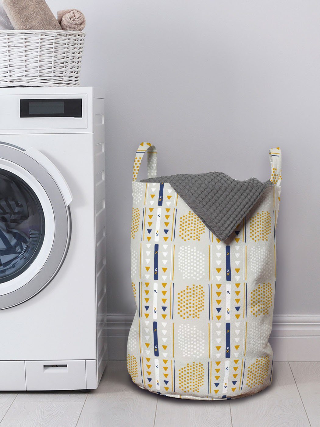 Weiß Kordelzugverschluss Gelb Wäschesäckchen mit Wäschekorb und für Griffen abstrakte Waschsalons, Abakuhaus Formation