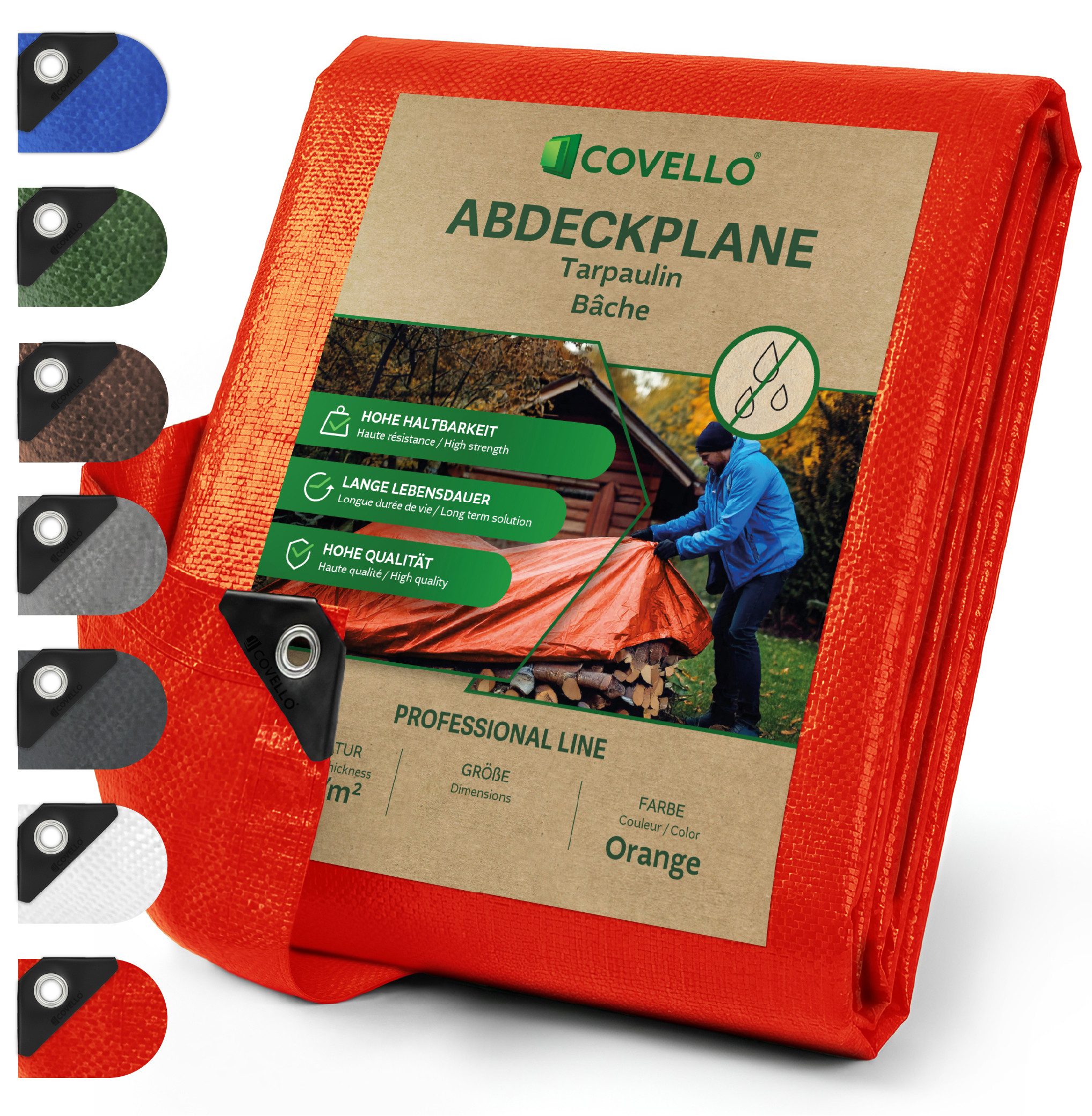 Covello Schutzplane 180g/m² orange, Abdeckplane mit Ösen wasserdicht, Plane UV-stabilisiert in vielen verschiedenen Farben & Größen