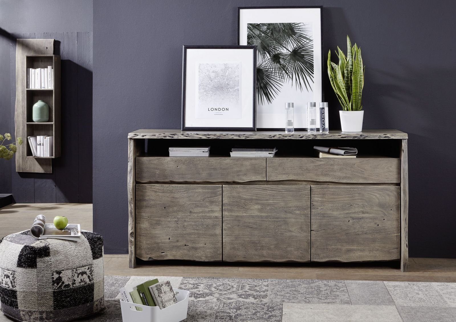 Massivmoebel24 Sideboard PURE ACACIA (Massivholz), Sideboard Akazie 191x45x96 grau lackiert PURE ACACIA #402