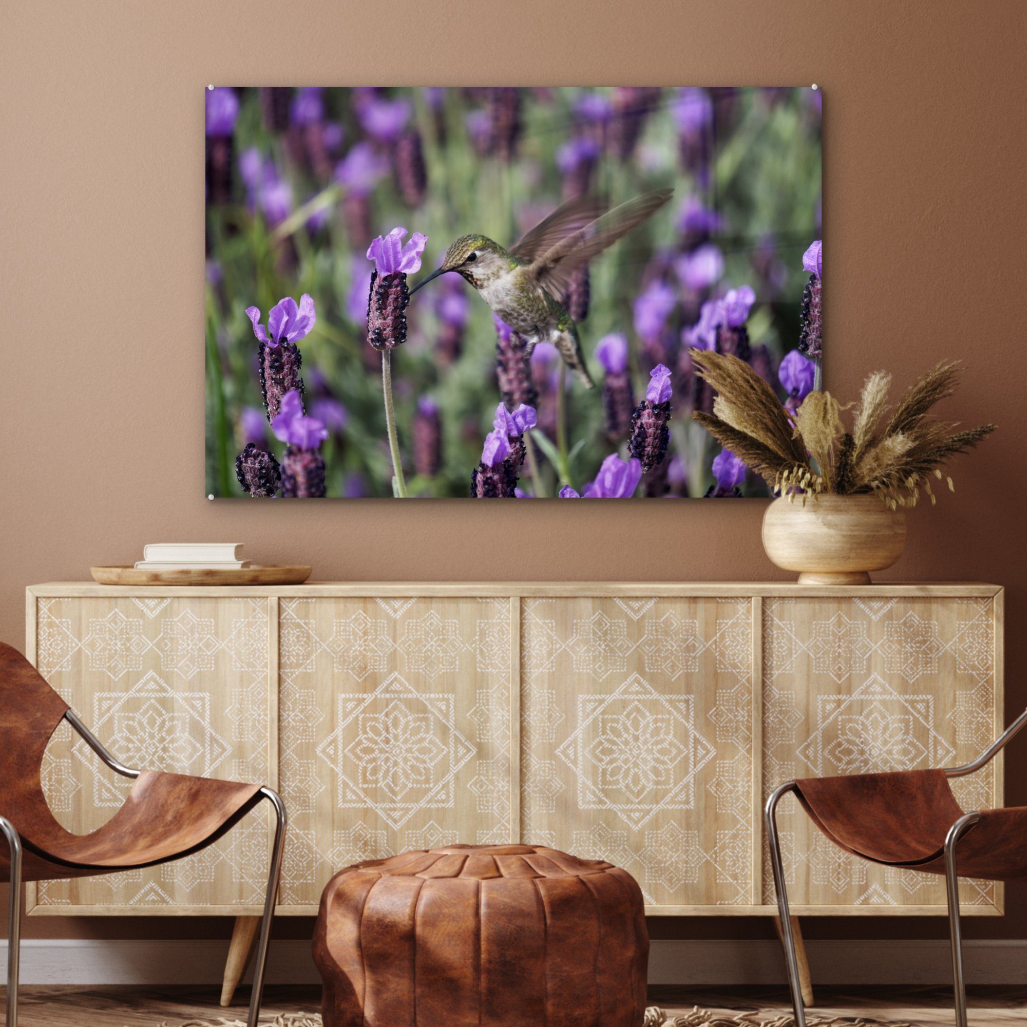 Lavendel Acrylglasbild MuchoWow - Acrylglasbilder (1 Blumen, Wohnzimmer Schlafzimmer - Vogel & St),
