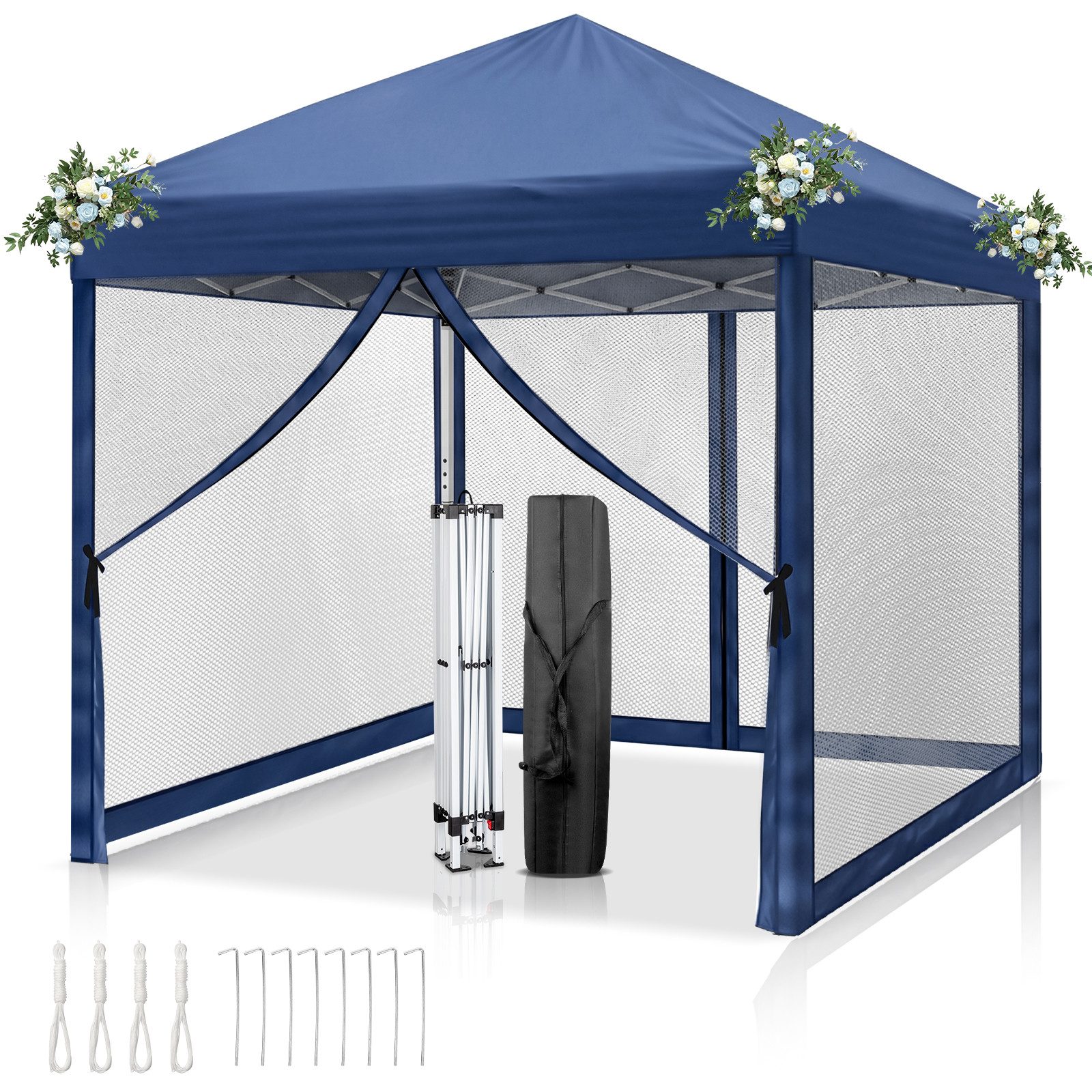 LEADZM Faltpavillon 3x3m mit 4 Netzseitenwänden, höhenverstellbar, UV-Schutz, Pop-Up Gartenpavillon 3×3m mit Moskitonetz, klappbarer inkl. Zubehör