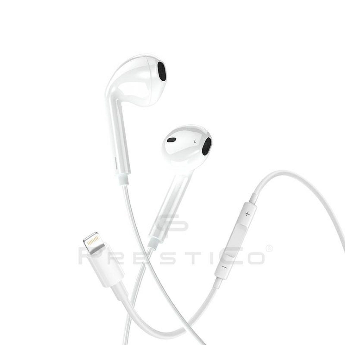 PrestiCo HF3 mit Lightning-Anschluss Kopfhörer Weiß In-Ear-Kopfhörer (Kabelgebunden, In-Ear-Kopfhörer, Intergrierte Steuerung für Anrufe und Musik, kabelgebunden, LIGHTNING headset, Lightning-Ohrhörer Stereo)