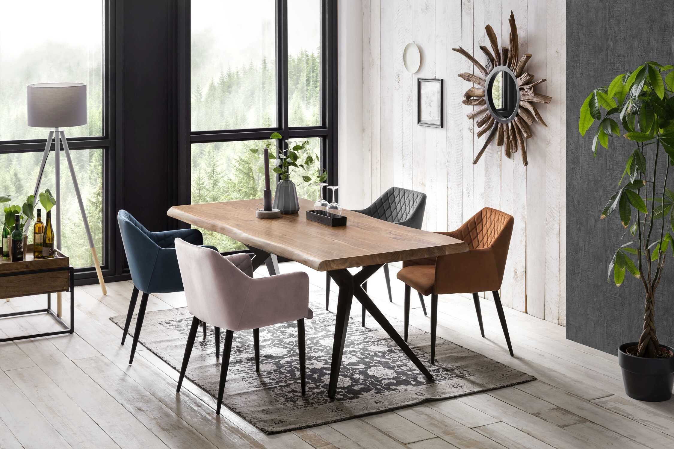 TPFLiving Baumkantentisch Stratos - Platte Akazie, Gestell Metall (mit Baumkante wie gewachsen - Platte natur, Gestell antikschwarz, Baumkantentisch - Desinger Tisch Luxus - Esstisch massiv), Plattenstärke 36 mm - Baumkantentisch 160x85cm