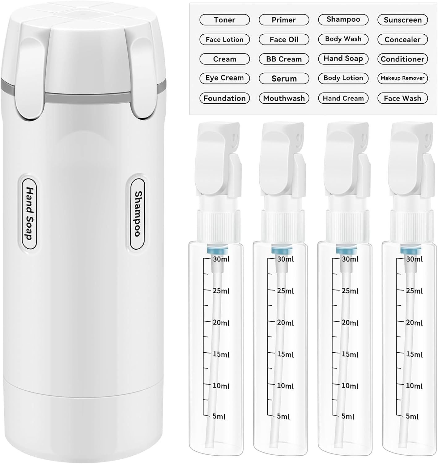 Agger Reisebehälter 4-in-1-Reise-Spenderflaschen-Set,Tragbare Reisebehälter (Nachfüllbare, Auslaufsichere Quetschflaschen), Für Shampoo, Lotion, Spülung und Creme