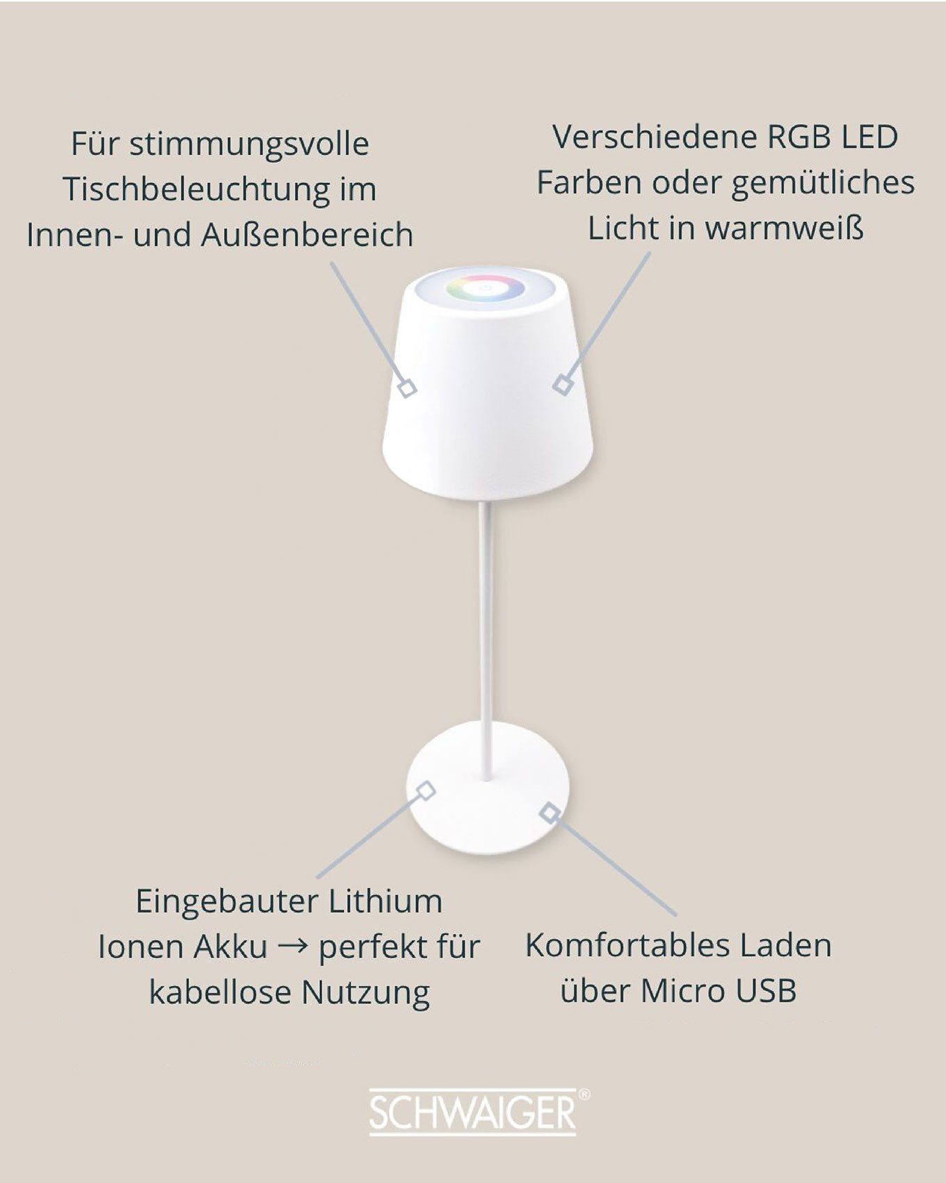 OTL200 neutral, LED mit LED, warmweiß, Tischleuchte IP44 012, Touchpanel, RGB, Schwaiger