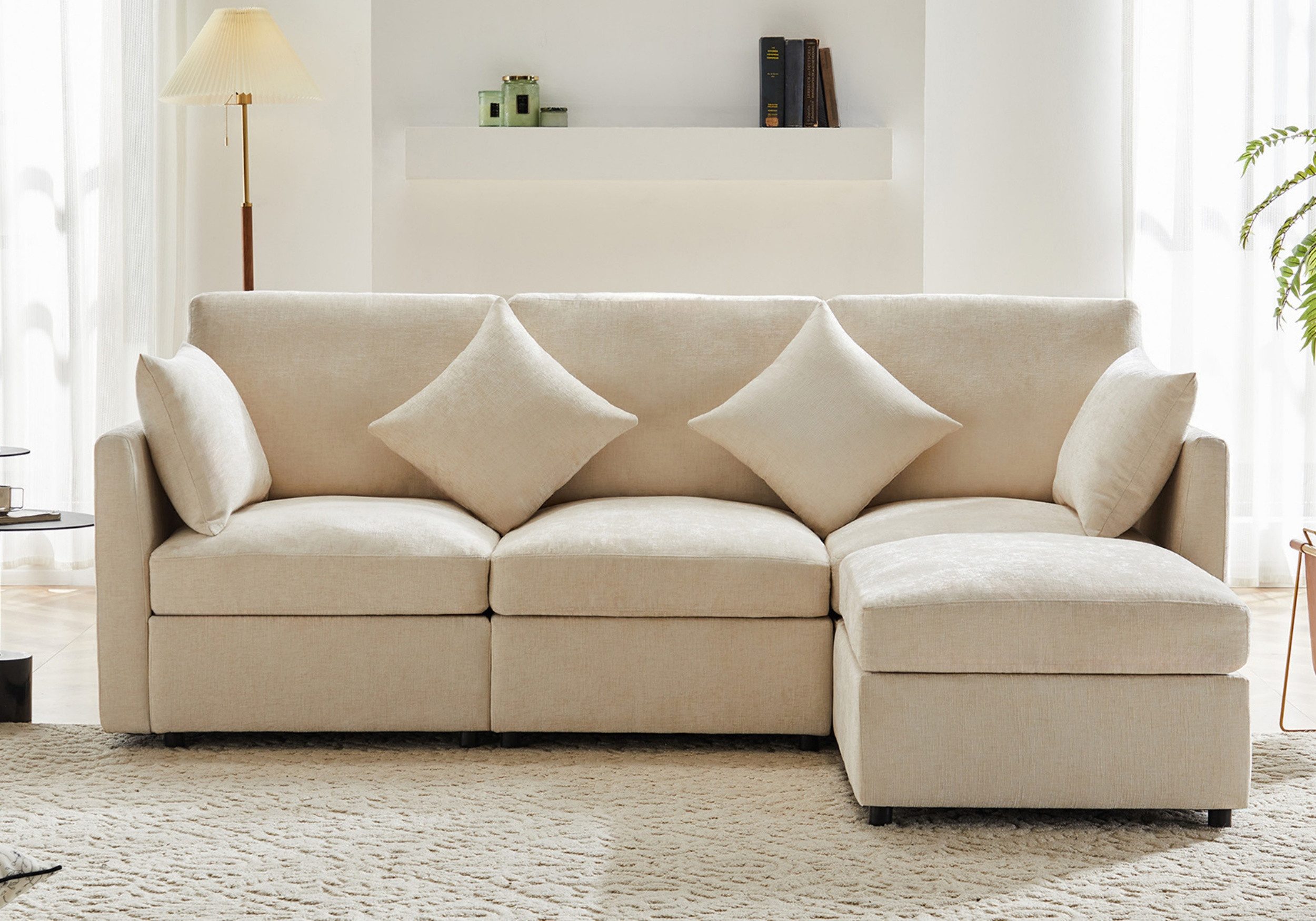 autolock Sofa L-förmiges Ecksofa 4-Sitzer Loungesofa Dreisitzer-Sofa mit Fußhocker, Modernes Design Chenille-Stoffsofa für Wohnungen