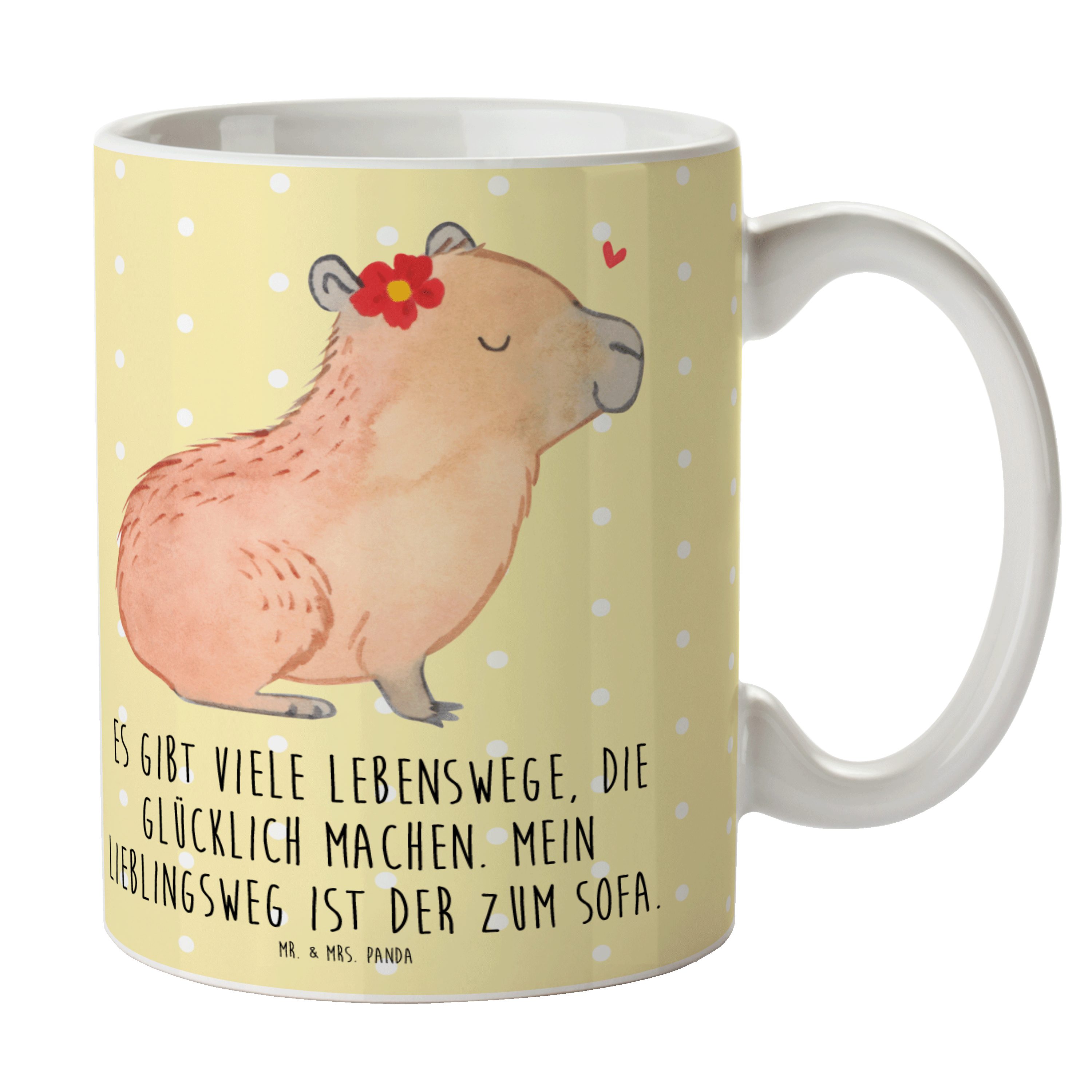 Mr. & Mrs. Panda Tasse Capybara Blume - Gelb Pastell - Geschenk, Teetasse, Gute Laune, Tiere, Keramik