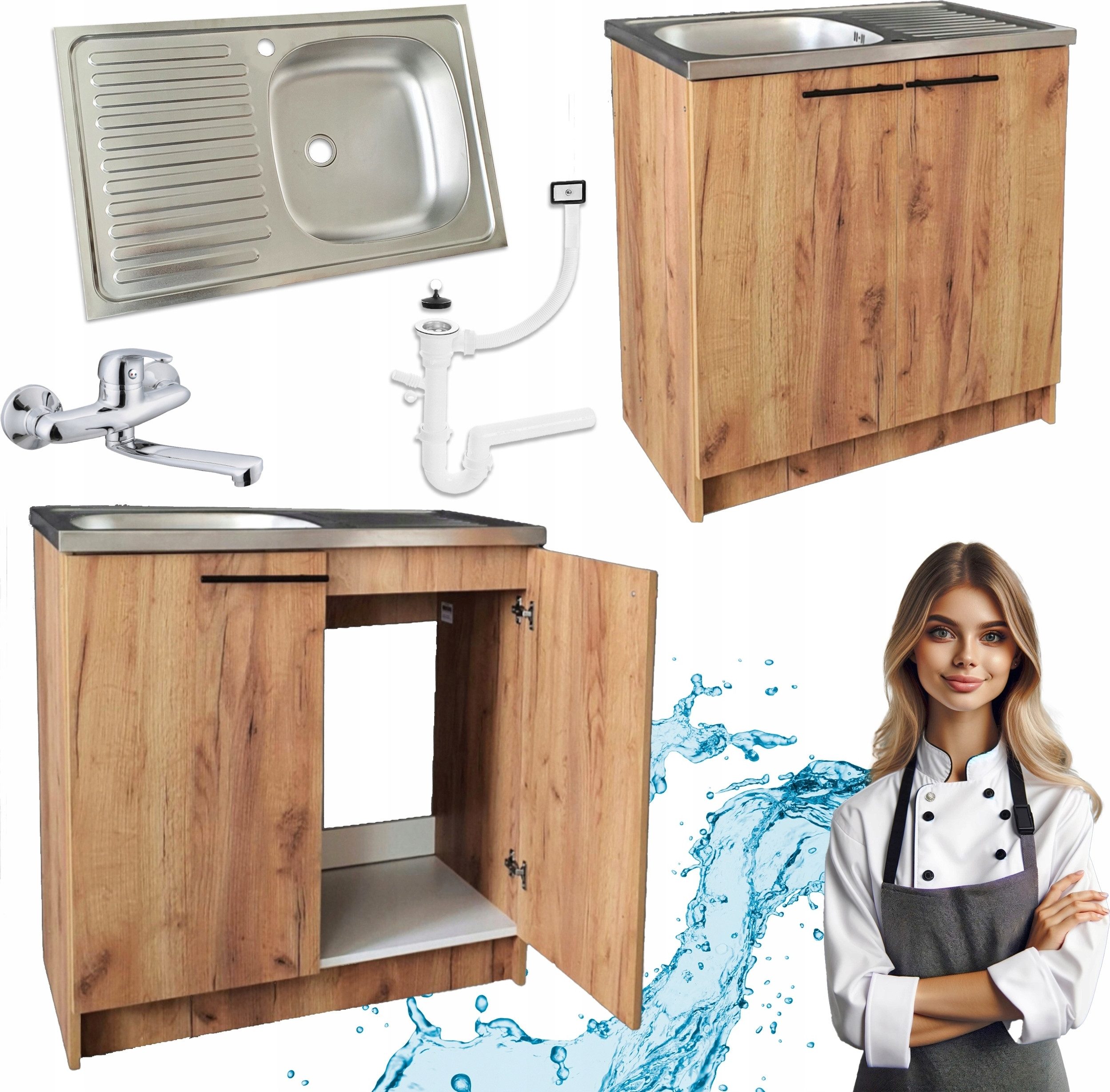 STAMAR Spülenschrank Küchenschrank 80cm Goldene Eiche Spüle Wandarmatur Chrom Siphon Set Unterschrank 46cm Tiefe Edelstahl reversibel Geschirrspüler Komplett