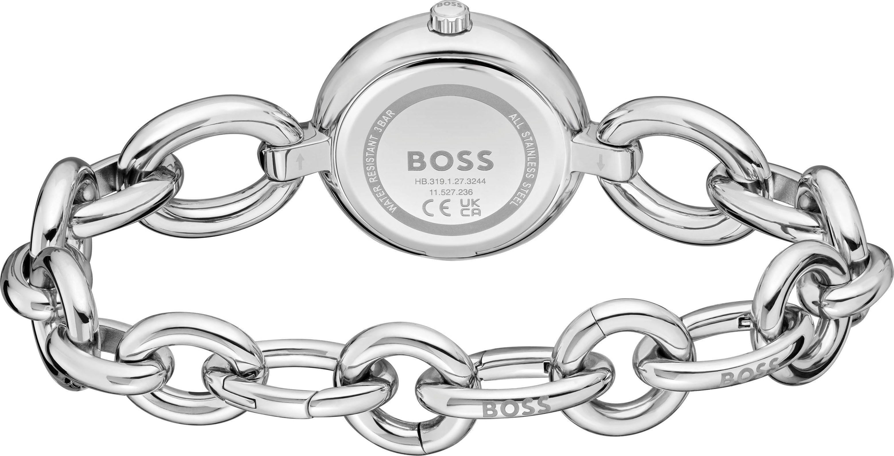 BOSS Quarzuhr LIVE 1502791, Armbanduhr, Damenuhr, Edelstahlarmband, analog, Glassteine
