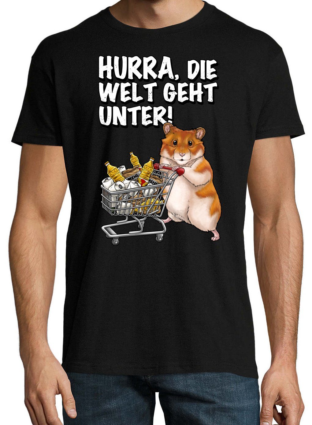 T-Shirt Designz Hurra Schwarz Youth Spruch mit Hamster Geht Herren Print-Shirt lustigem Print Unter Die Welt