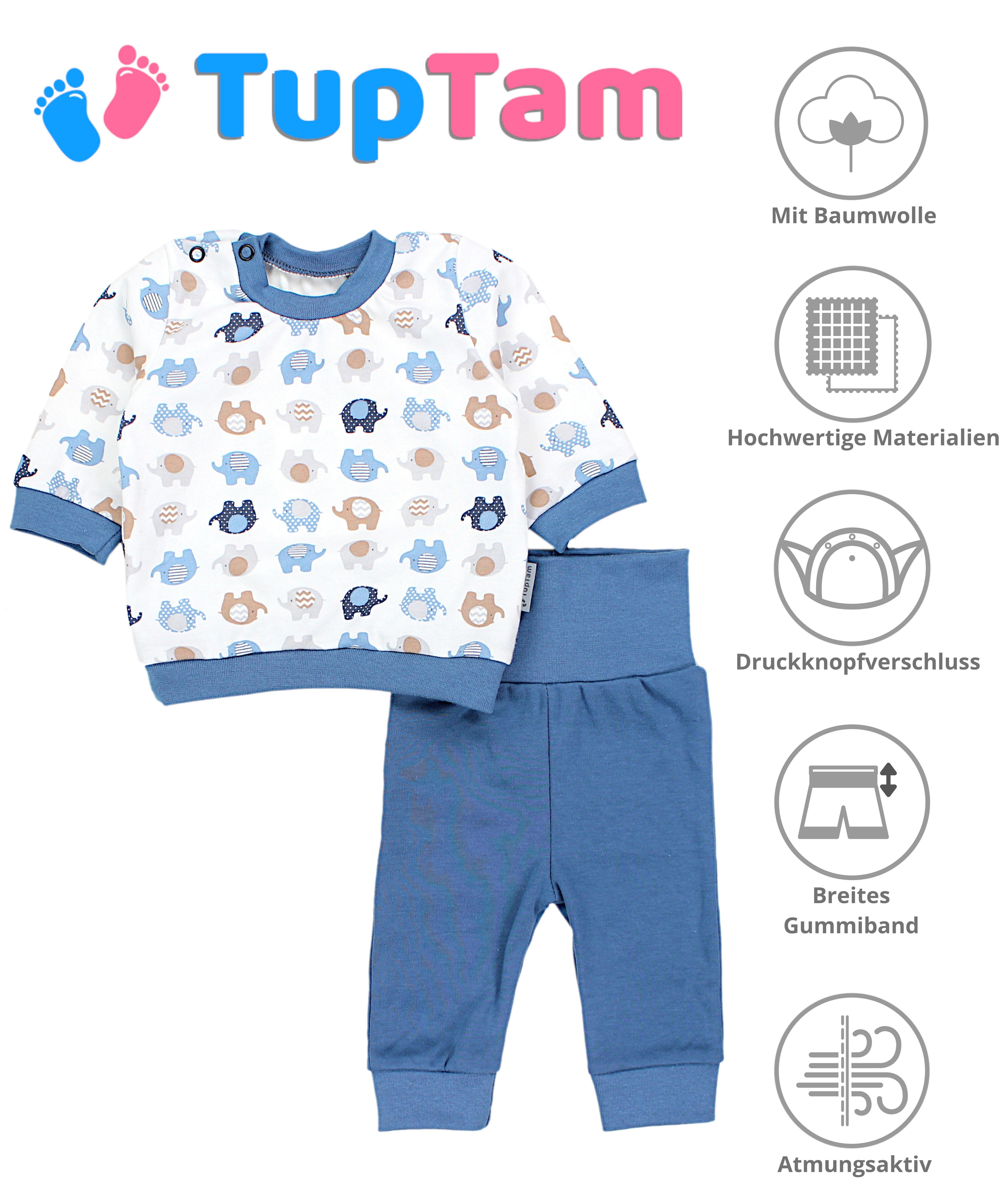 TupTam Erstausstattungspaket Baby Spruch Jeansblau mit Langarmshirt Babykleidung Jungen Elefanten Outfit Babyhose Print