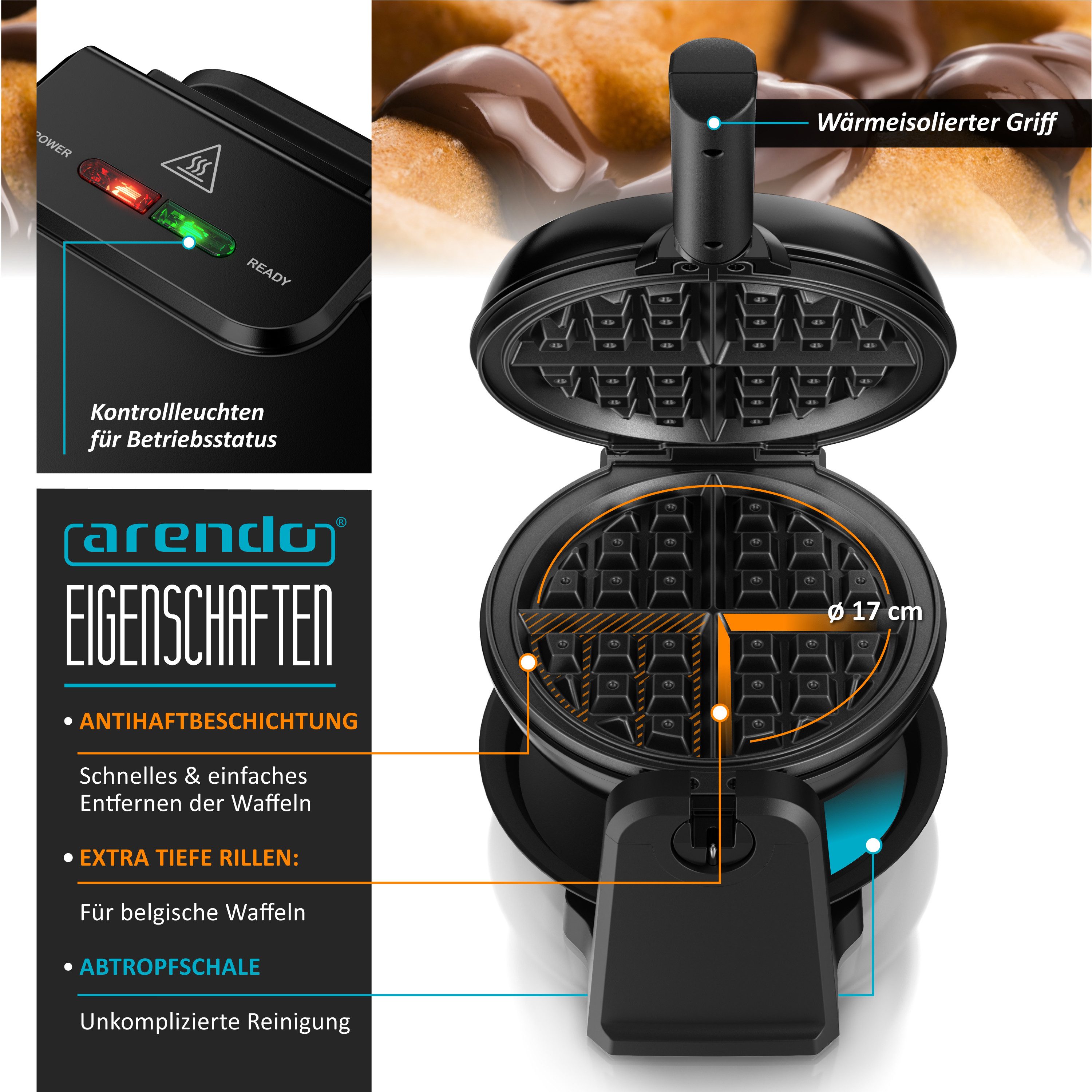 Arendo Waffeleisen Waffelautomat für klassische Waffel mit 17cm Ø, automatische Bräunung, 1000 W, drehbarer Waffelmaker, Rotierend, Antihaftbeschichtet, Abtropfschale