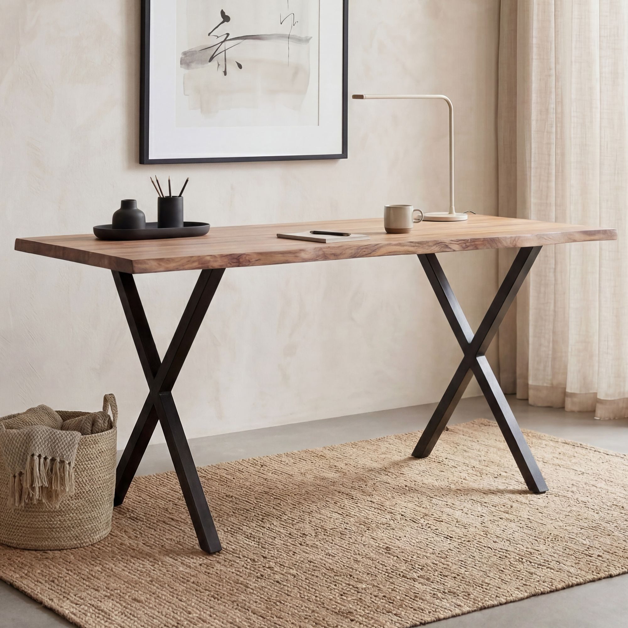 FINEBUY Schreibtisch FB68350 Akazie Massivholz Metall Bürotisch Computertisch (140x80x76 cm Akazie Massivholz, Baumkante Modern), Computertisch Home Office, Bürotisch X-Beine
