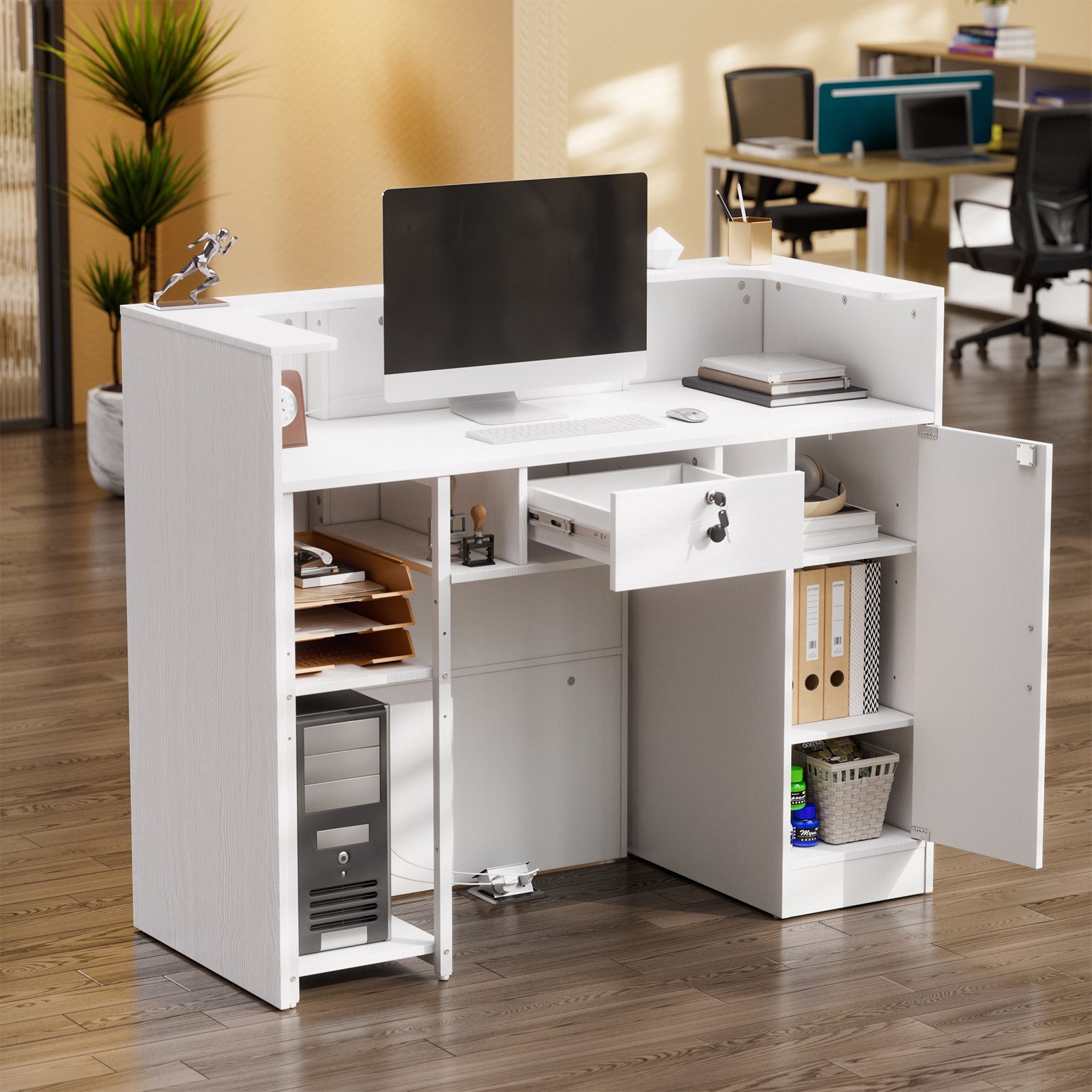 TWSOUL Empfangstheke mit LED, abschließbaren Schubladen und Einlegeböden, 120cm Weiß, Rezeptionstheke für Büro, Salon, Geschäft oder Café