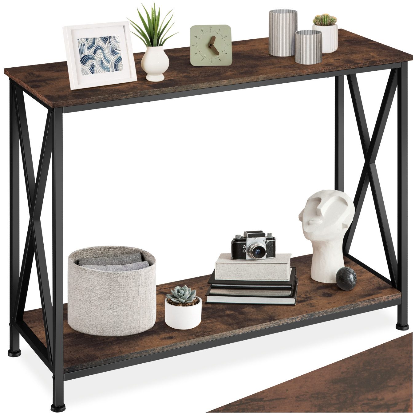 tectake Konsolentisch Flurtisch, 100 x 35 x 80,5 cm, mit 2 Ablagen und seitlichen (Wandkonsole Tacoma, 1-St., in Industrial Holz dunkel, rustikal), Industrial Style, Holz und Stahl, höhenverstellbare Kunststofffüße