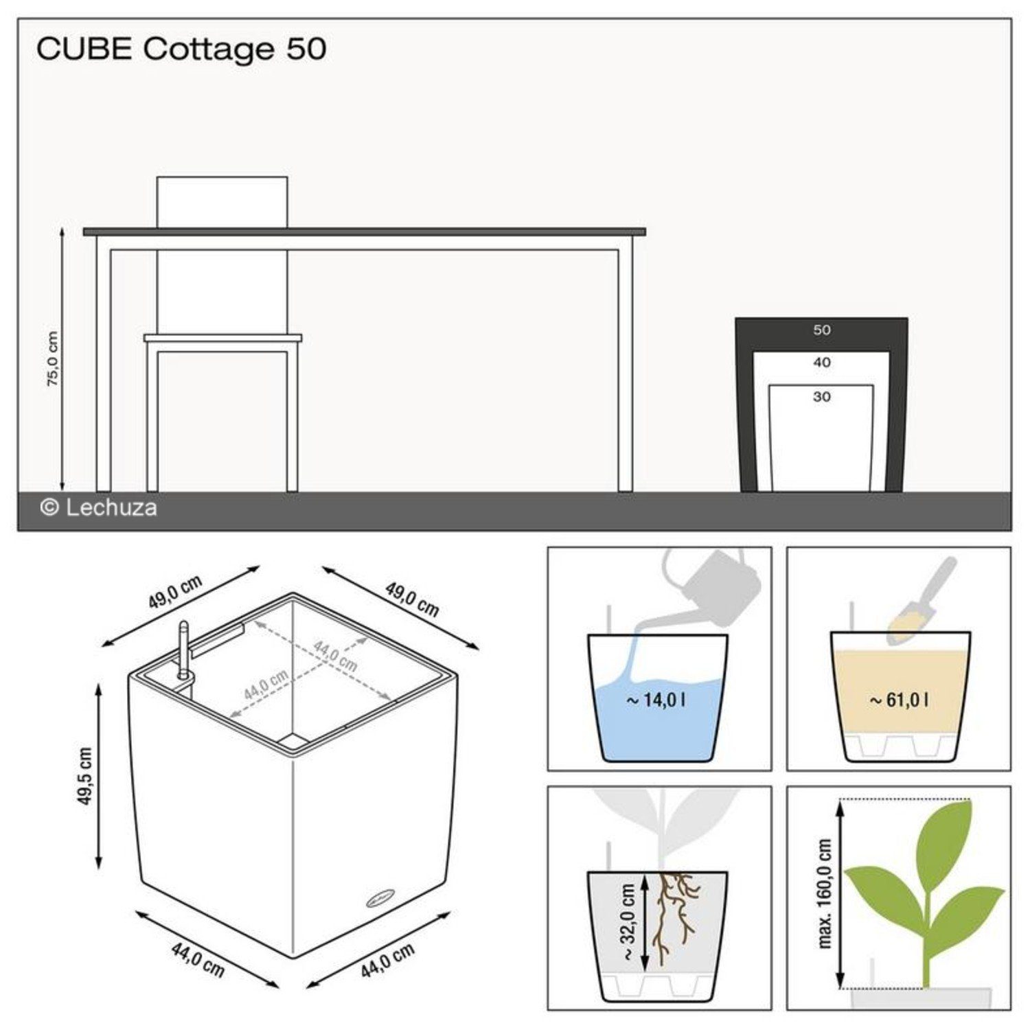 Lechuza® Pflanzkübel Lechuza Pflanzgefäß Cube Cottage 50 granit 15392