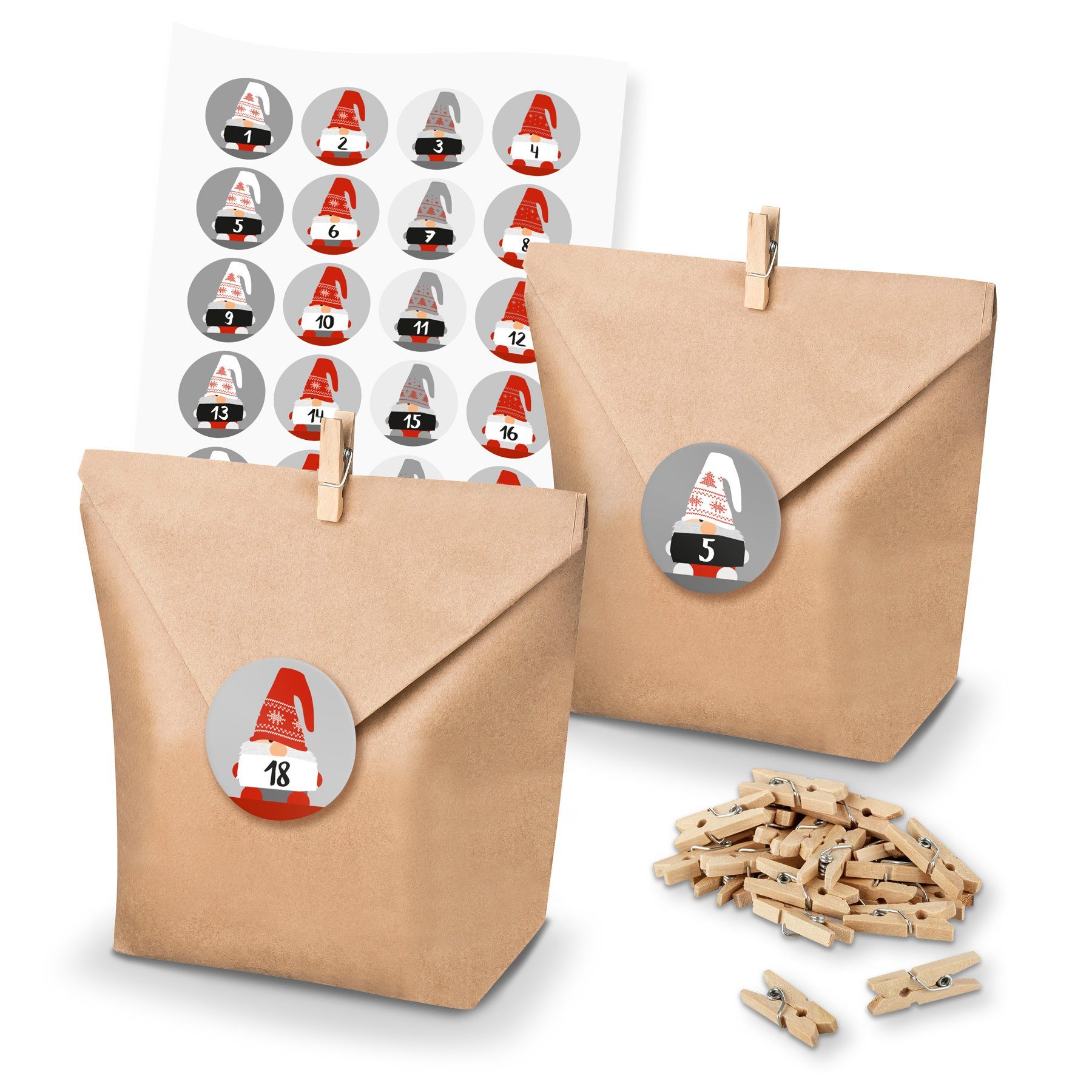 itenga befüllbarer Adventskalender Adventskalender Set 29 Geschenktüten Klammern + Sticker Wichtelbande