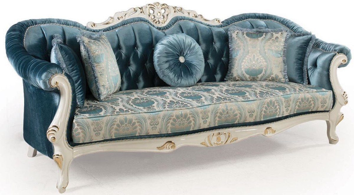 Casa Padrino Prunkvoll 240 & H. Barock Blau mit 99 x - Sofa cm Kissen / Luxus 87 x Möbel Edel Sofa - Barock Weiß Gold / Wohnzimmer