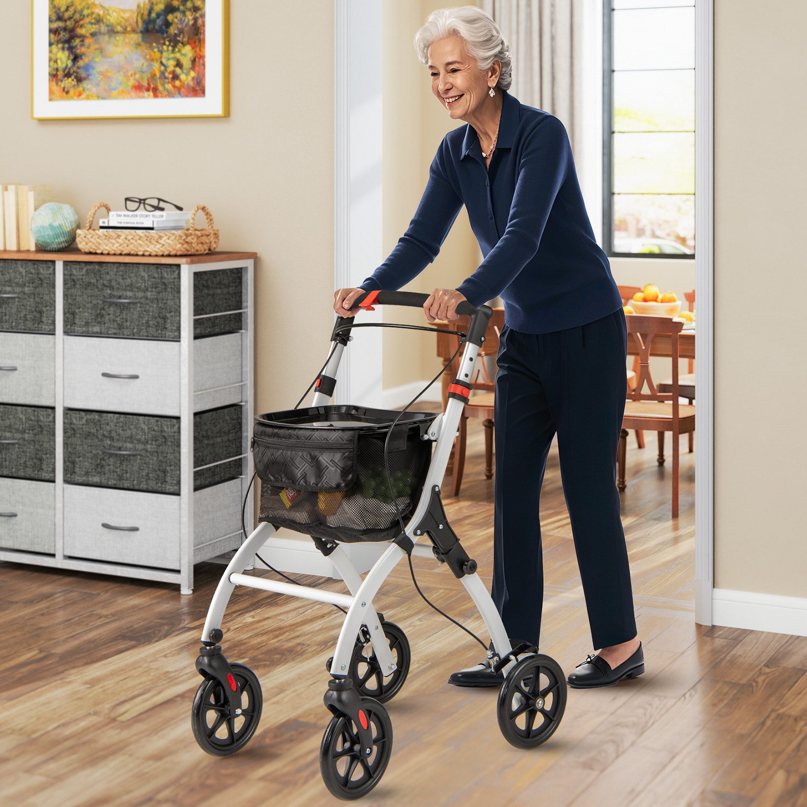 COSTWAY Rollator, 5-Fach höhenverstellbar, mit Tablett & Korb, faltbar