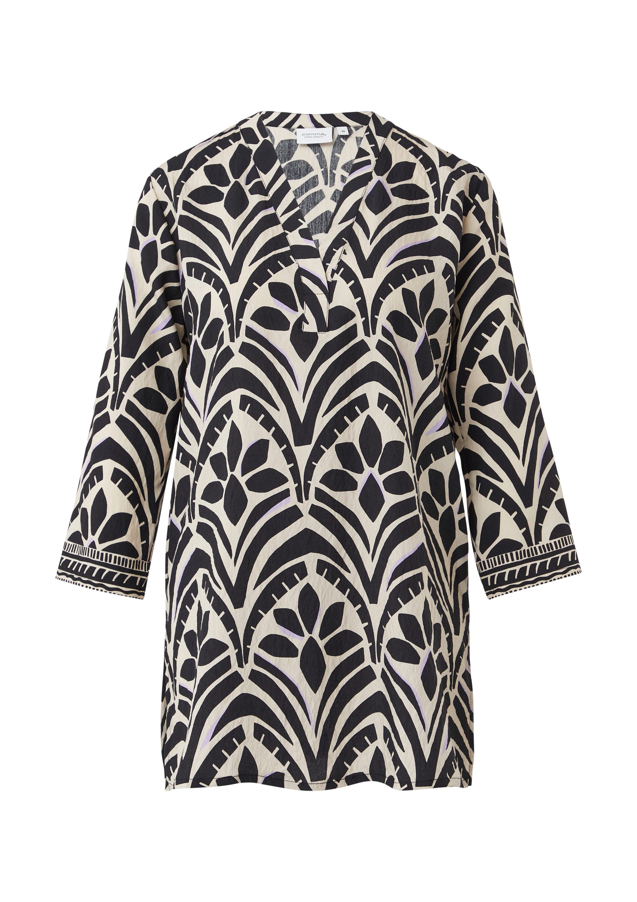 comma Kurzarmbluse Bluse Lange Bluse mit V-Ausschnitt und All-over-Print