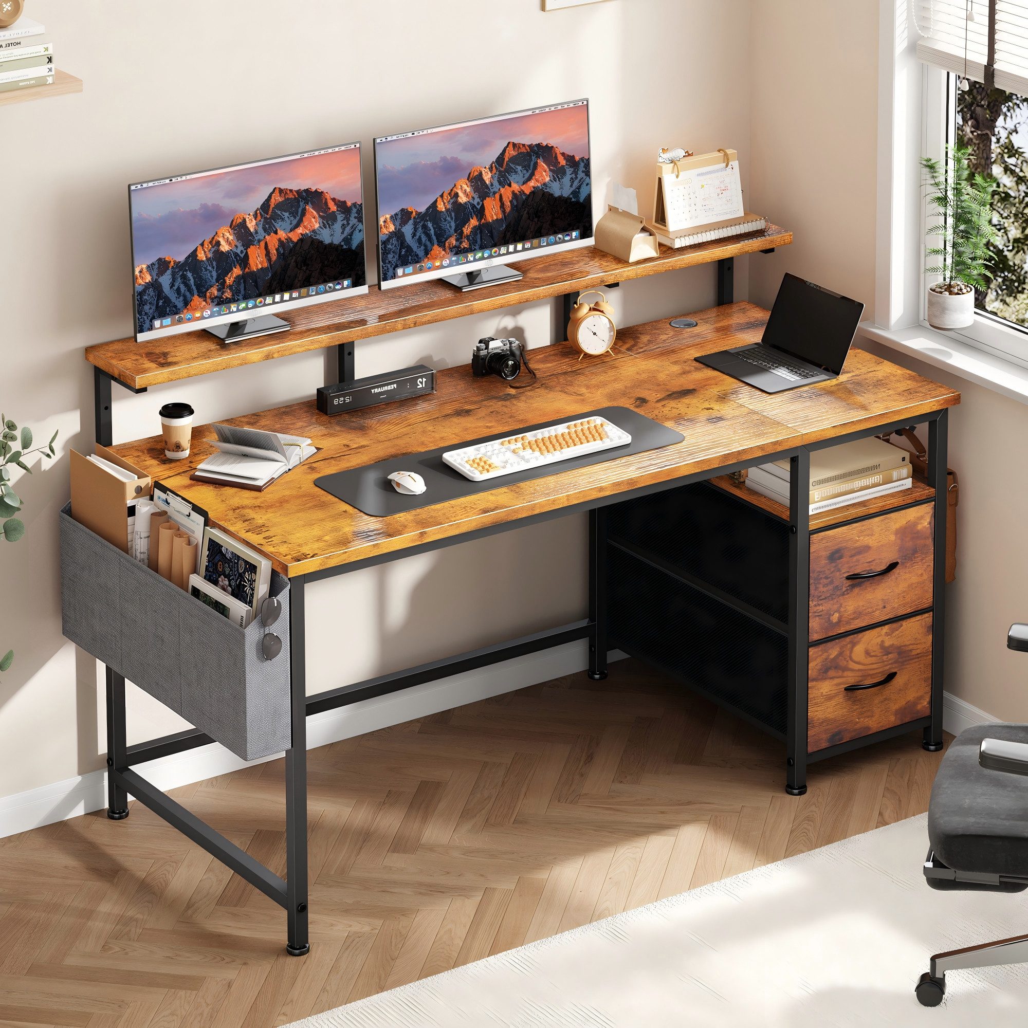Klyvvo Eckschreibtisch Computertisch, Schreibtisch mit 2 Schubladen Bieten Stauraum (1-St., mit Monitorständer, 2 Ablagehaken), Kompakte Maße Passen Gut in Studierende, Home-Office-Arbeiter