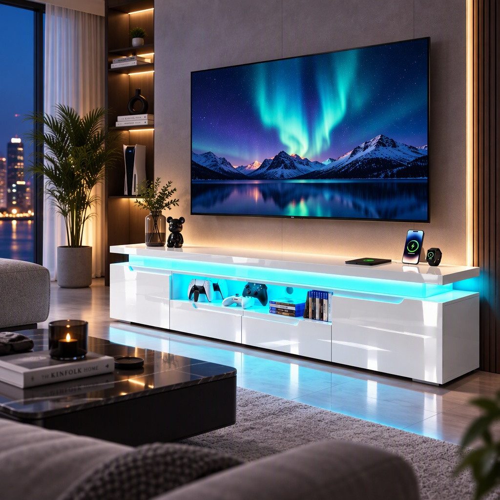 PXloue TV-Schrank in wohnzimmerd TV-Lowboard mit LED-Beleuchtung und Steckdosen Mit 2 Türen, Regalen und viel Stauraum 180 x 35 x 52 cm