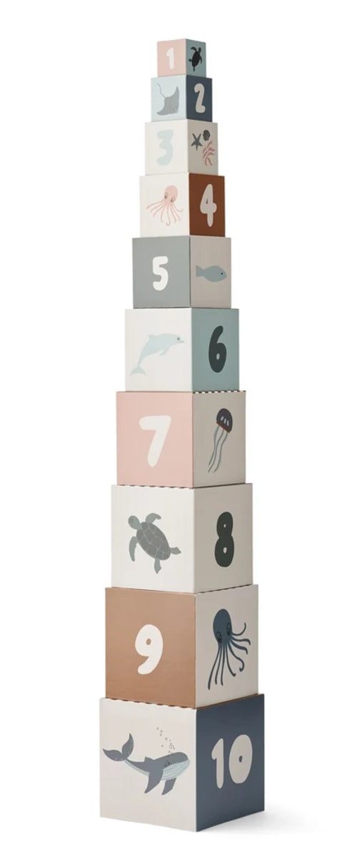 Liewood Stapelspielzeug Liewood Bedruckte Bauklötze, Bausteine aus Karton - Aaren, Lernspielzeug für Kleinkinder ab 18 Monaten, Farbe: Sea creature/sandy