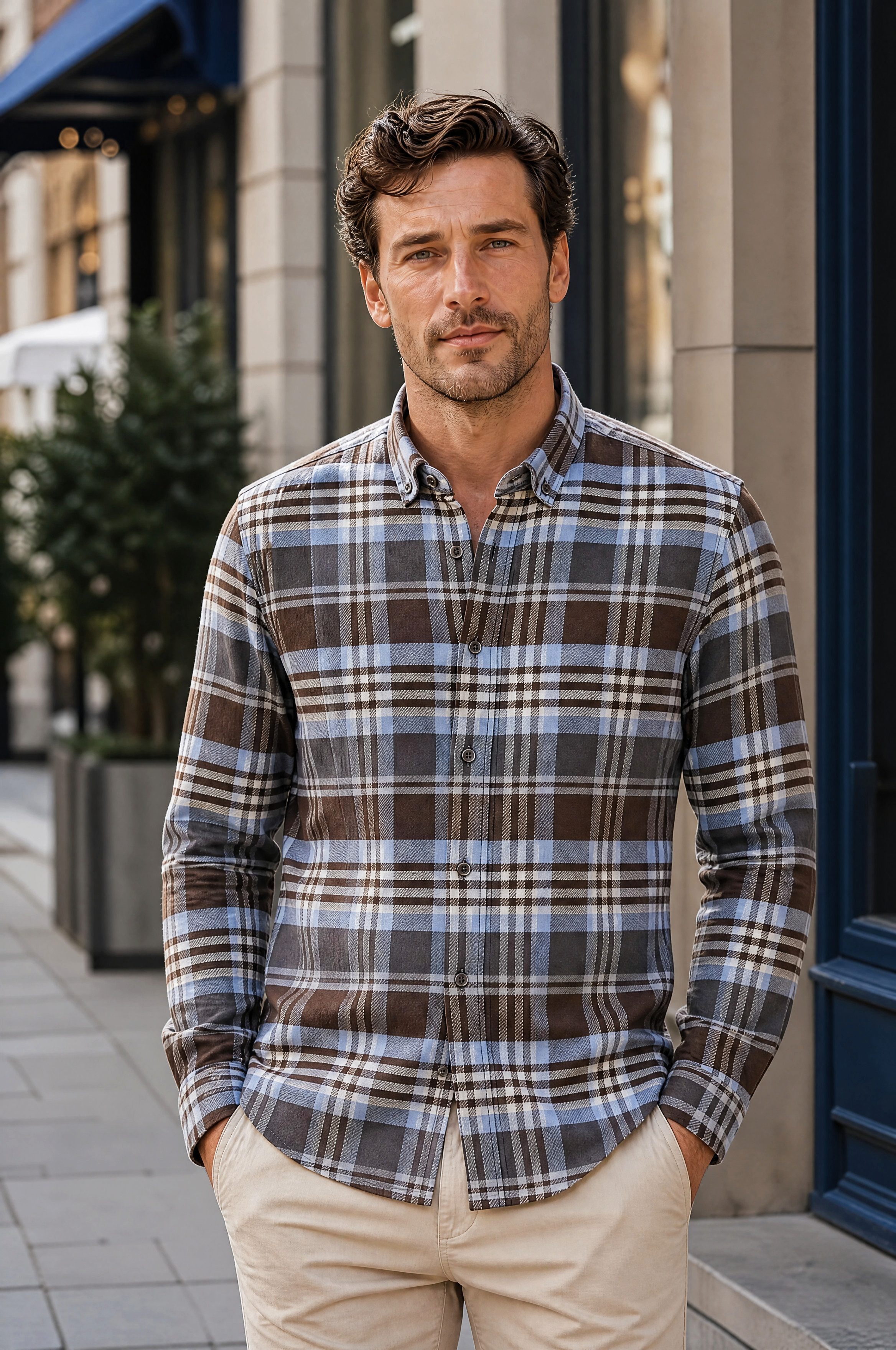 Haupt Langarmhemd Regular Fit Tall Flanell Langarm-Herrenhemd Karo Brown-Blue Frühling