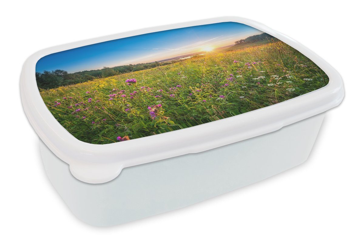 MuchoWow Lunchbox Sonne - Gras - Blumen, Kunststoff, (2-tlg), Brotbox für Kinder und Erwachsene, Brotdose, für Jungs und Mädchen weiß