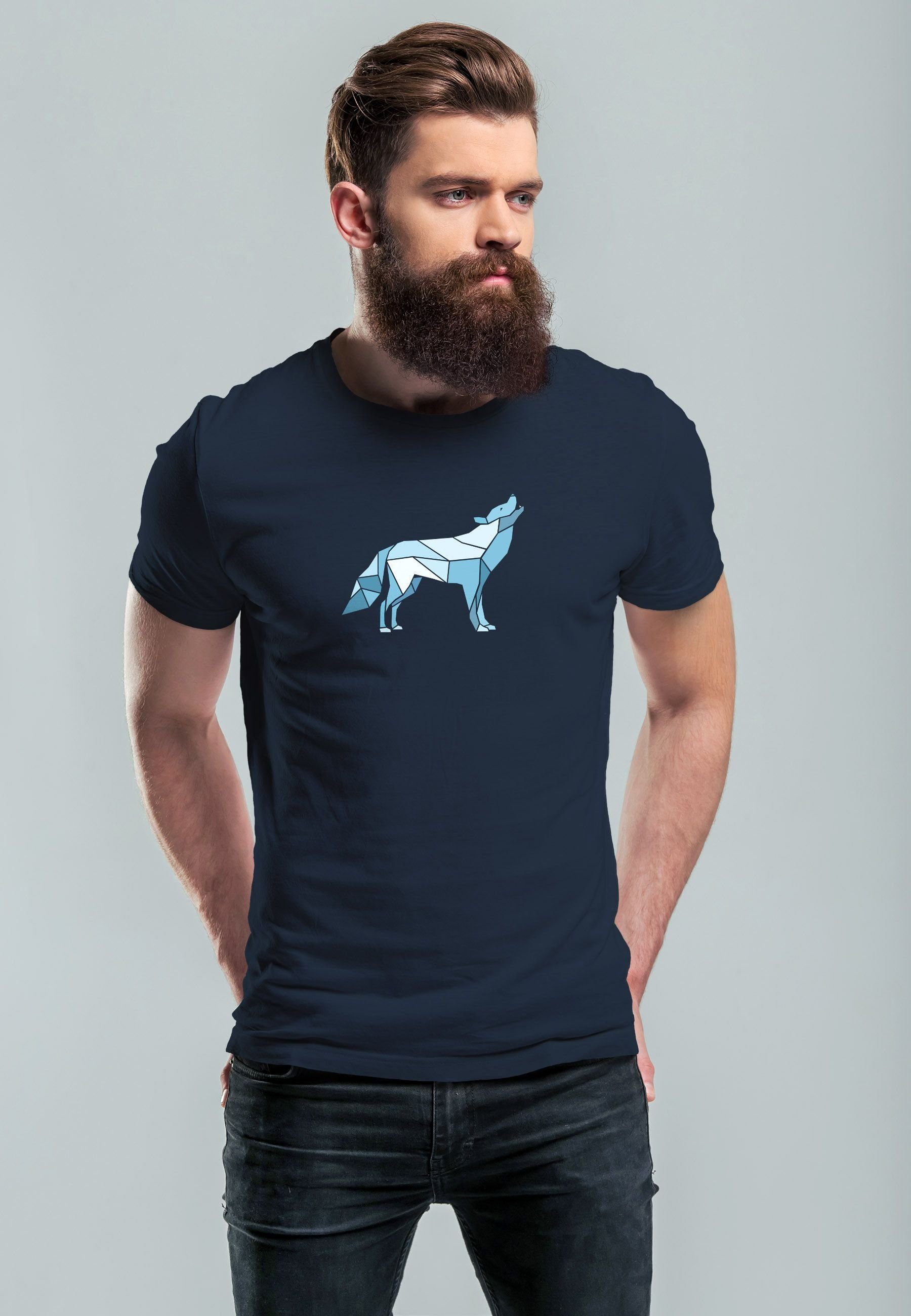 Herren Print-Shirt Fashion Outdoor T-Shirt navy Print Neverless mit Bedruckt Grafik Polygon Wolf Tiermotiv