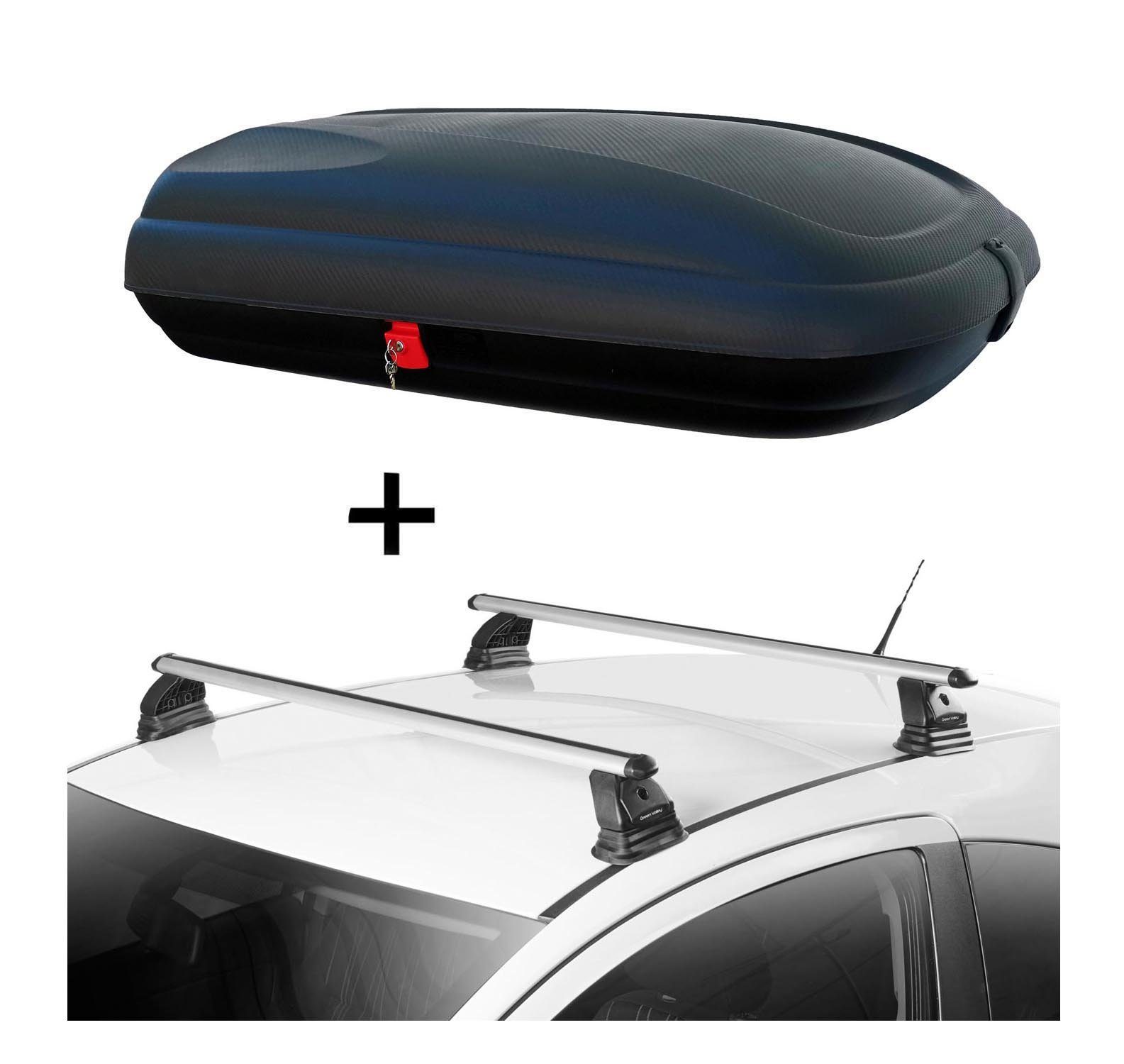 VDP Dachbox, Dachbox VDPBA320 320 Liter carbonlook abschließbar + Dachträger VDP EVO ALU kompatibel mit Volkswagen Caddy IV 3-5 Türer ab 2015