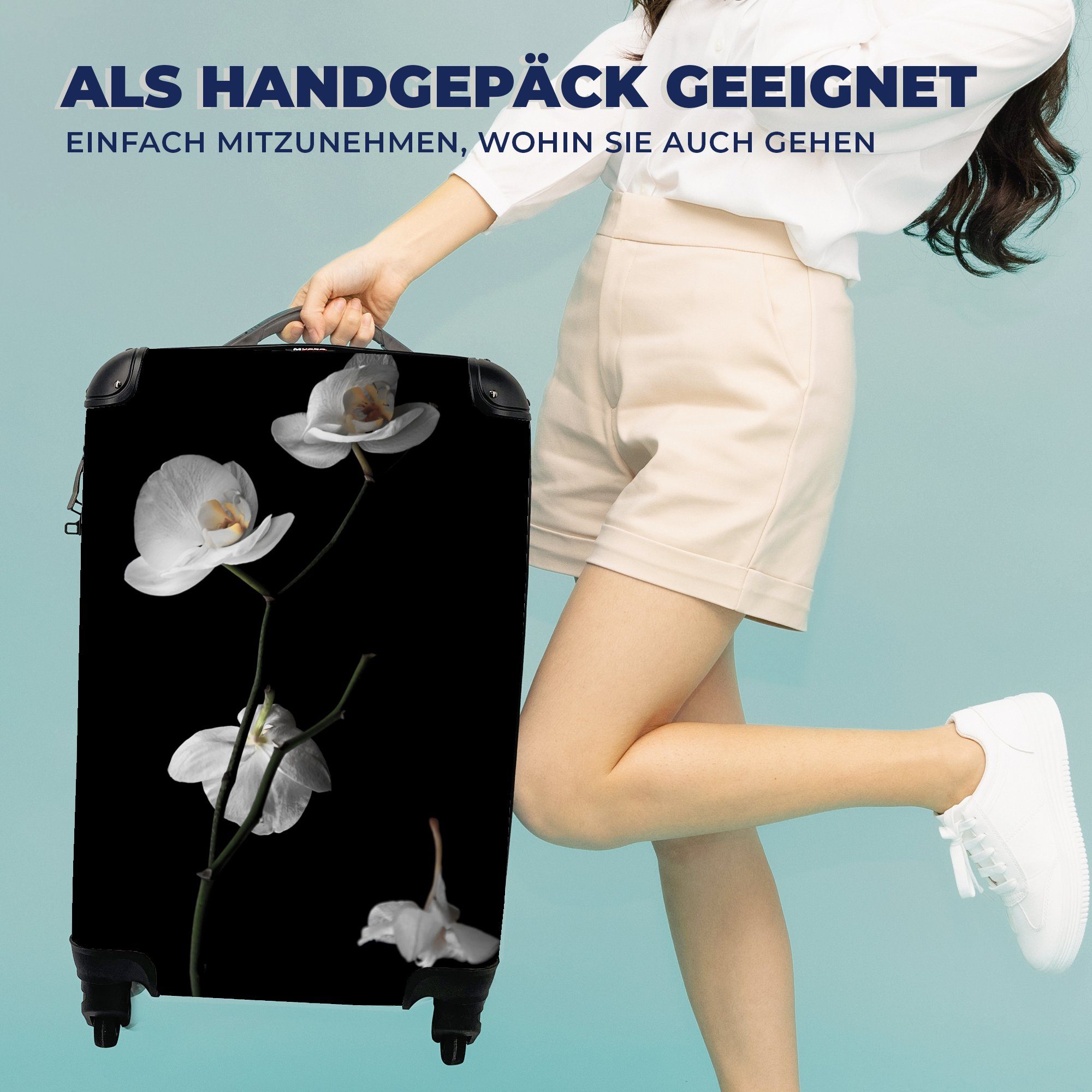 MuchoWow Orchidee Blumen - für Handgepäckkoffer Ferien, - mit - - Handgepäck Schwarz Rollen, Reisekoffer 4 Stilleben, Reisetasche Weiß Trolley, rollen,