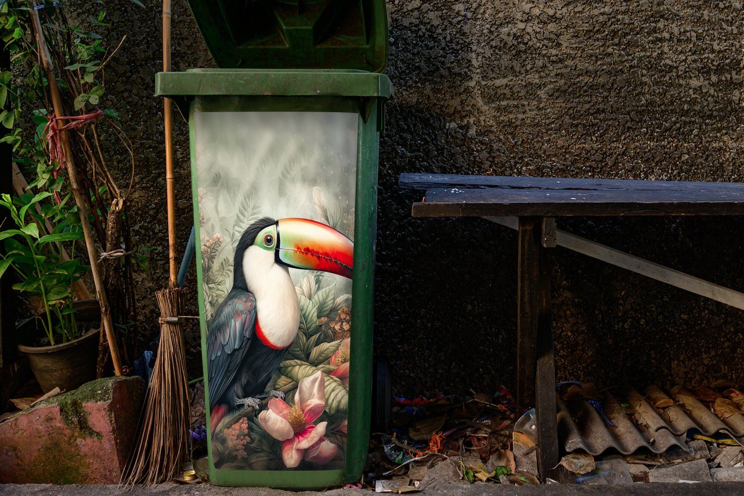 Vögel Mülltonne, Abfalbehälter Pflanzen St), - Tropisch - Sticker, Container, Tukan - - MuchoWow Blumen Mülleimer-aufkleber, Wandsticker (1