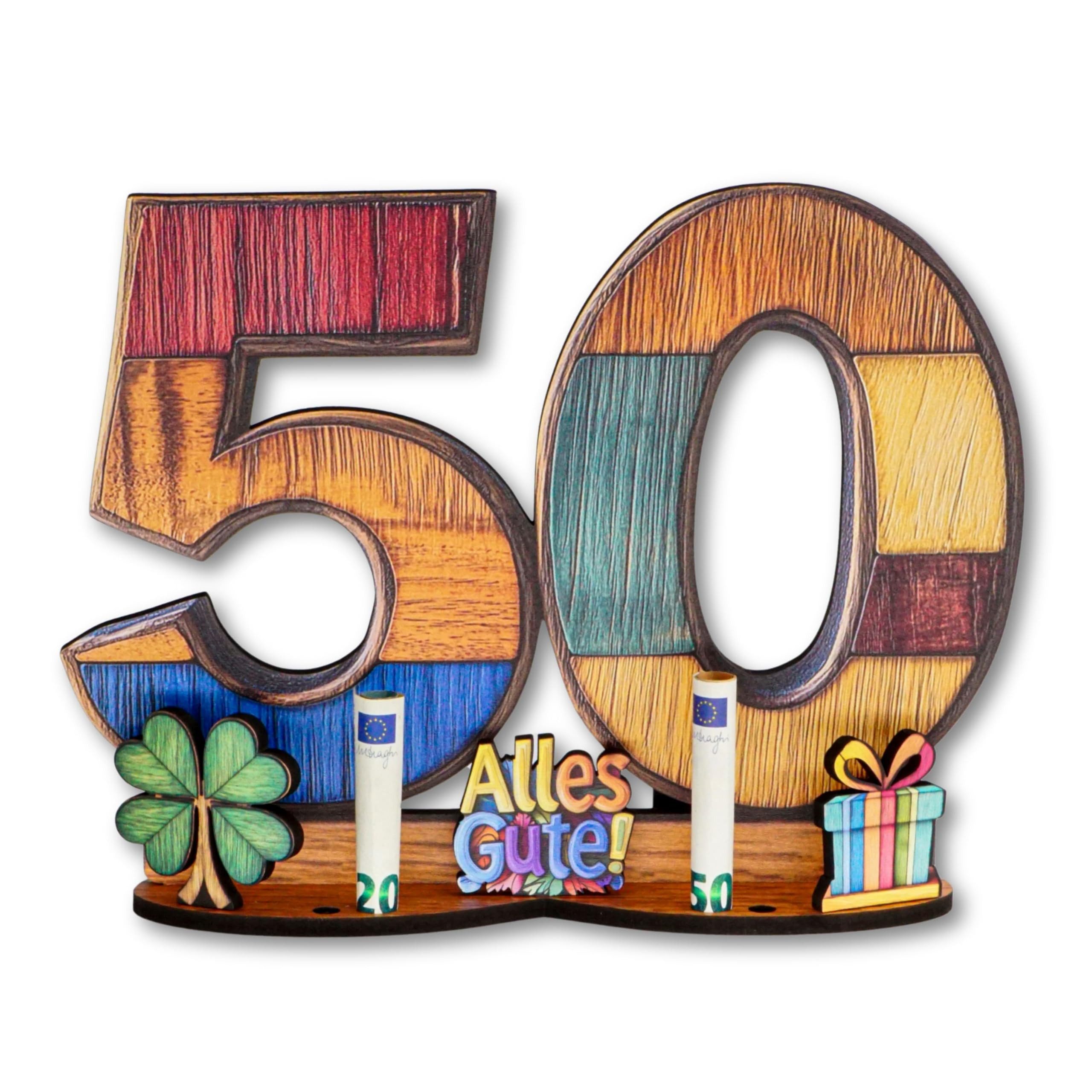 DARO Design Dekoobjekt Geldgeschenk Geburtstag Holzschild Gästebuch mit Ständer (Geschenkset, 50 Jahre – Geldscheinhalter), B 28 × H 24 × T 7 cm, 6 mm HDF