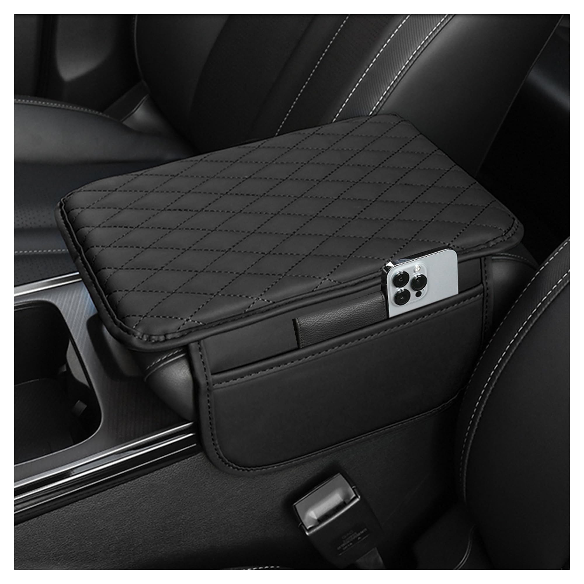 FOUORTUNATE-BEE PVC-Automatten Auto Armlehnenbezug mit Aufbewahrungstasche, Schwarz, Universelle Mittelarmlehnen-Ablage mit Organizer fürs Auto