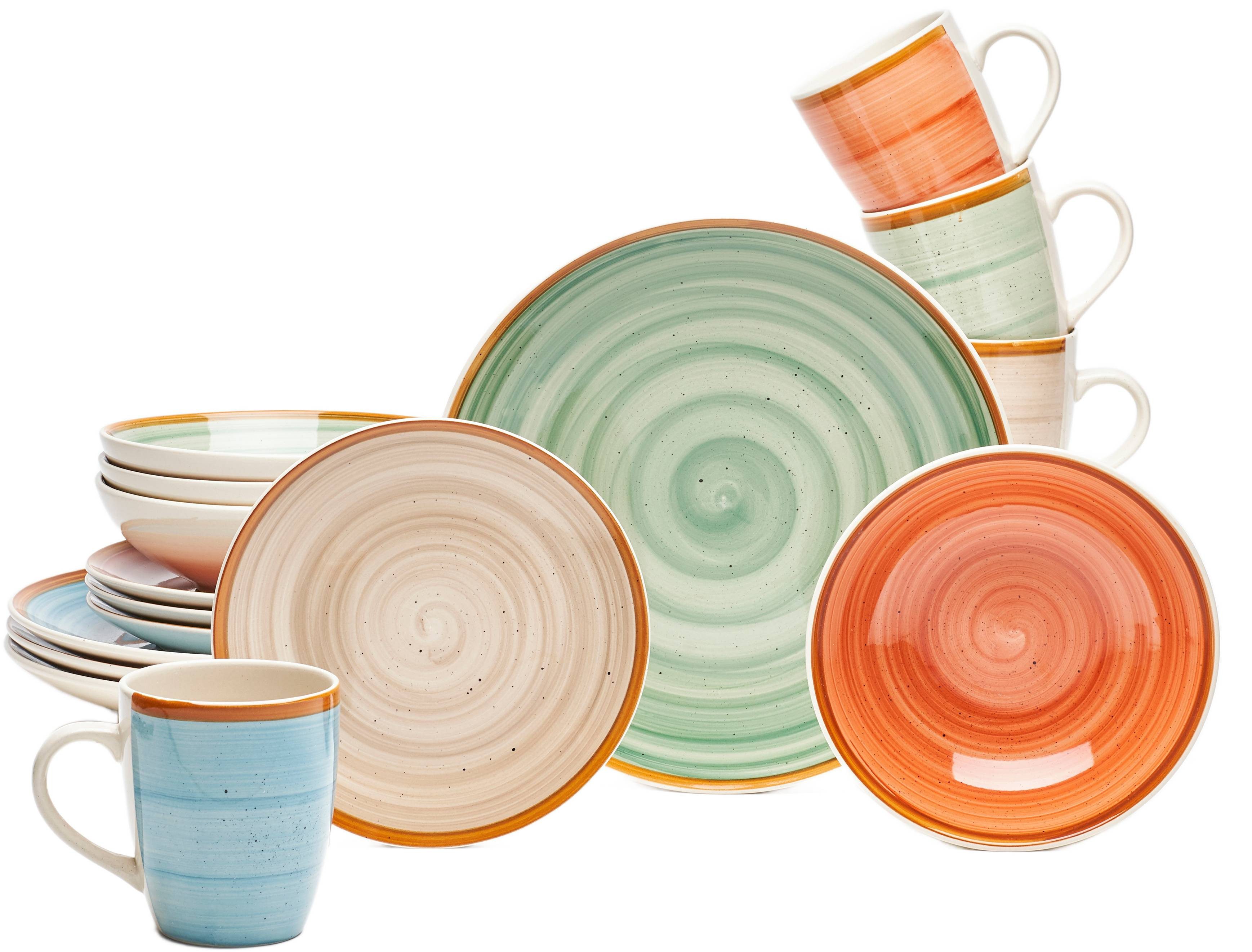 van Well Kombiservice Geschirr-Set Magnifica, 16-teilig (16-tlg), 4 Personen, Steingut, rund, orange/grün/blau/taupe, spülmaschinen- und mikrowellengeeignet