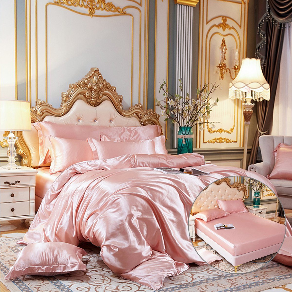 DEBAIJIA Bettdecke, Kopfkissen + Topper Satin Seide Bedding 4 teilig Bettwäsche Set Bettbezug Atmungsaktiv