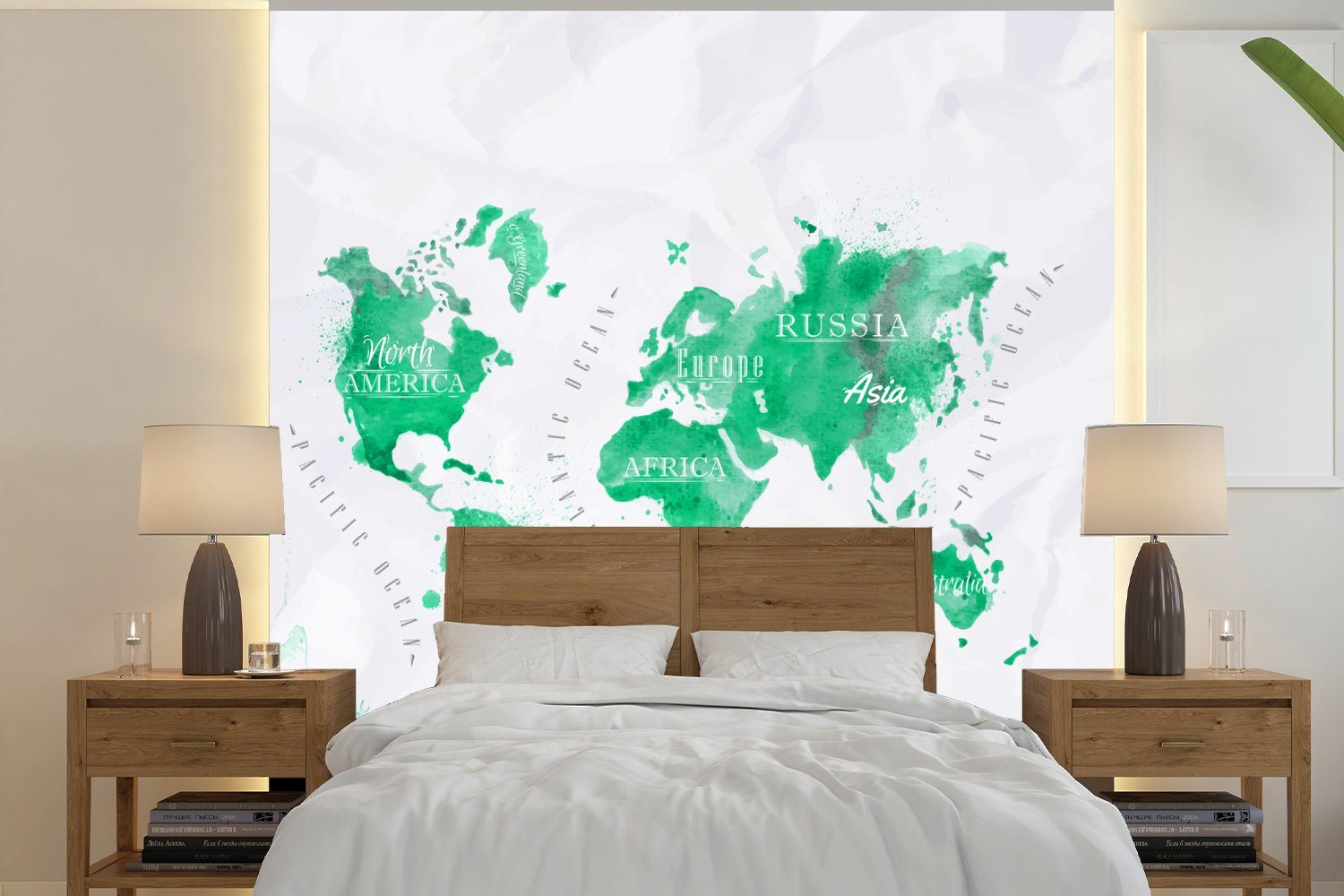 MuchoWow Fototapete Weltkarten - Grün - Farbe, Matt, bedruckt, (4 St), Vliestapete für Wohnzimmer Schlafzimmer Küche, Fototapete